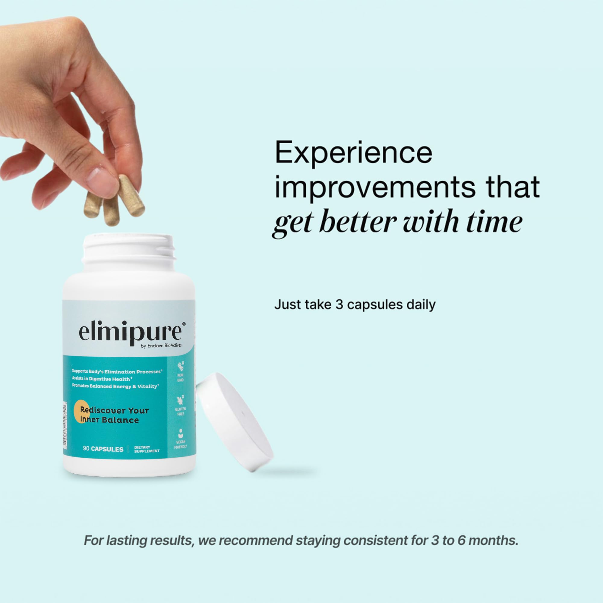 Elimipure mano vertiendo cápsulas enfatizando uso fácil y conveniencia matutina