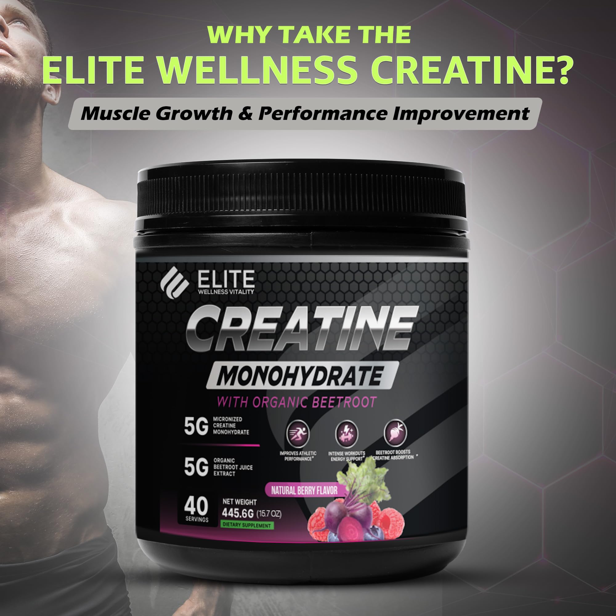 ELITE WELLNESS VITALITY textura del polvo creatina berry para disolución rápida