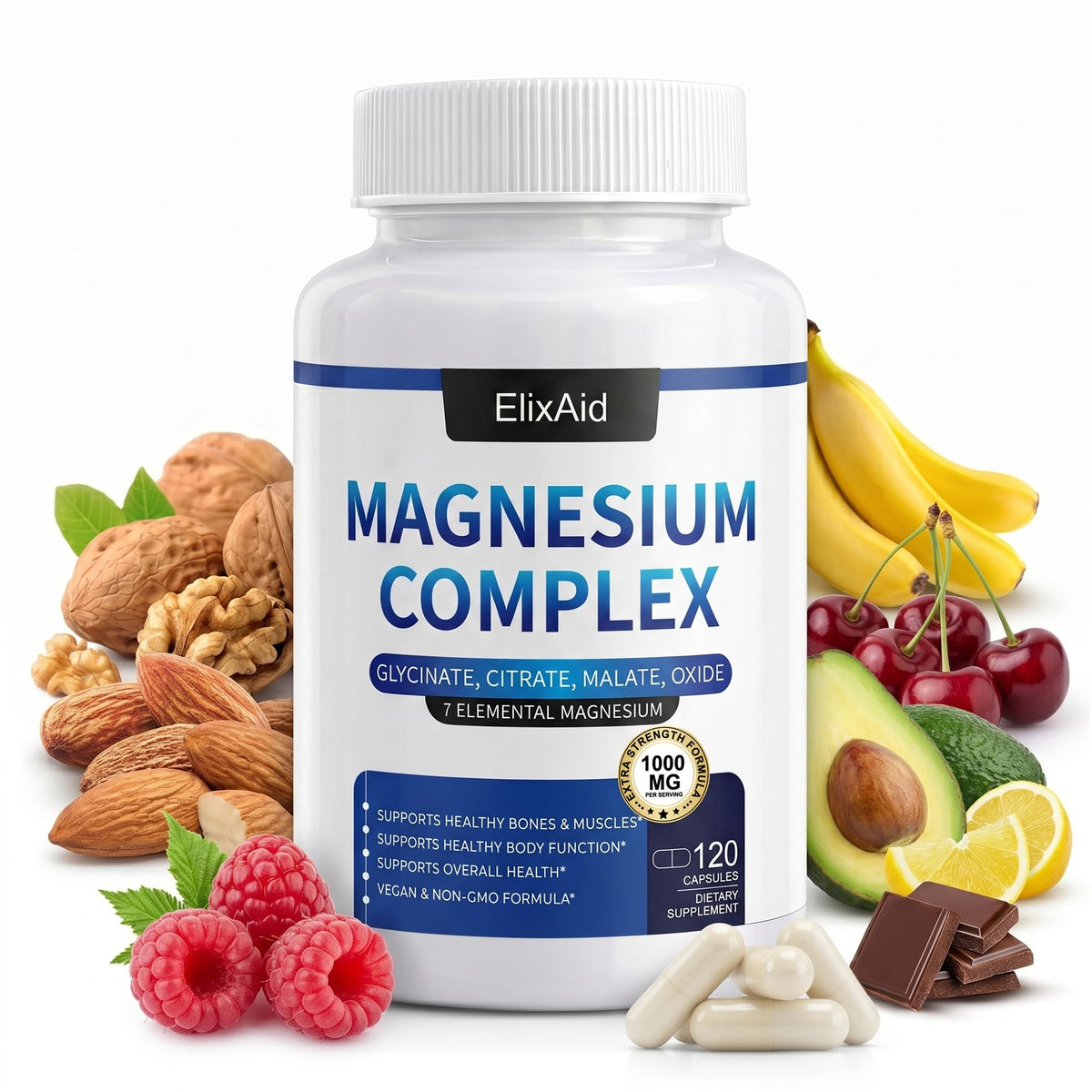 ElixAid envase frontal mostrando el Magnesium Complex y beneficio de equilibrio mineral