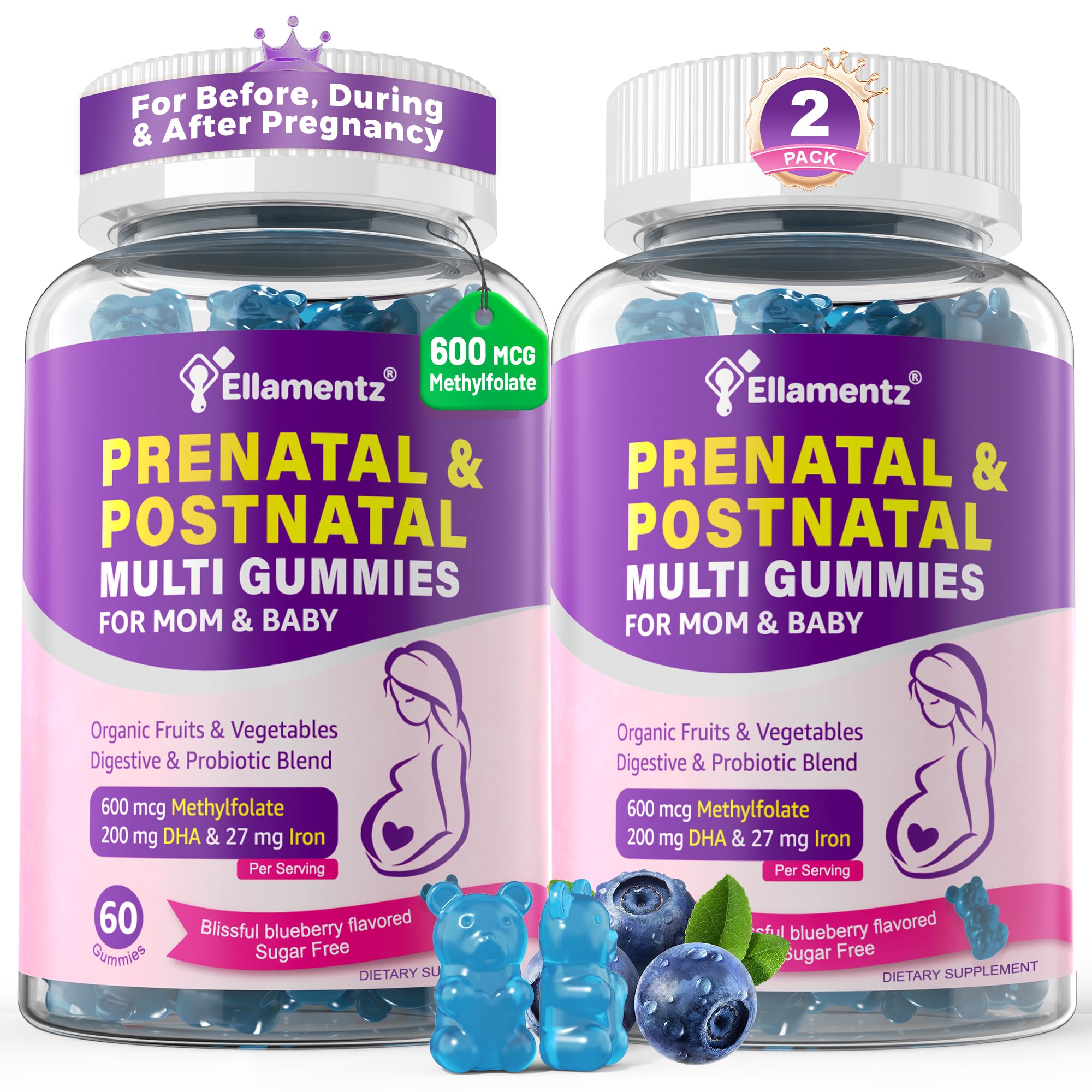 ELLAMENTZ envase frontal que muestra fórmula prenatal vegana y beneficios