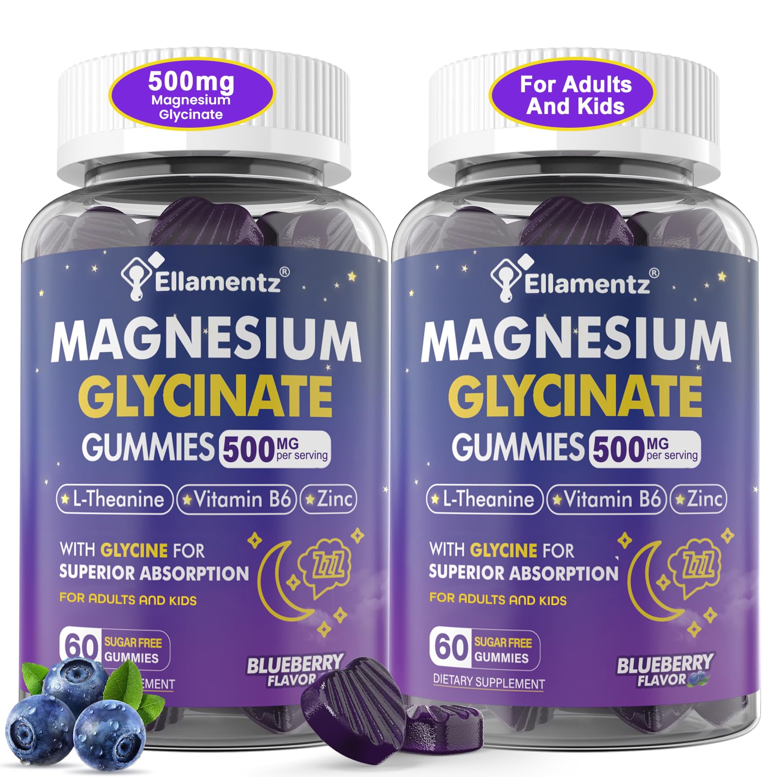 ELLAMENTZ envase frontal de gummies arándano mostrando diseño y beneficio calmante