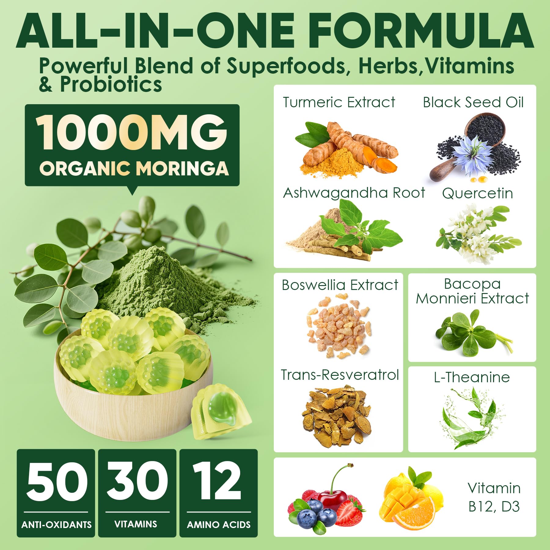 ELLAMENTZ muestra de moringa, cúrcuma y ashwagandha como ingredientes