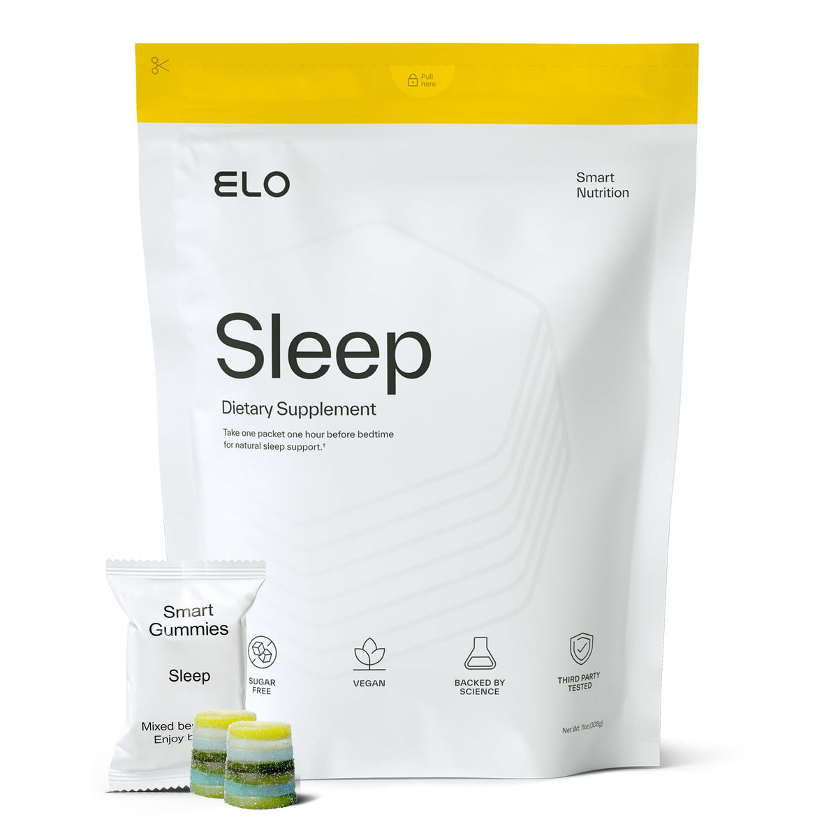 Elo Health frasco frontal mostrando diseño y beneficios para sueño