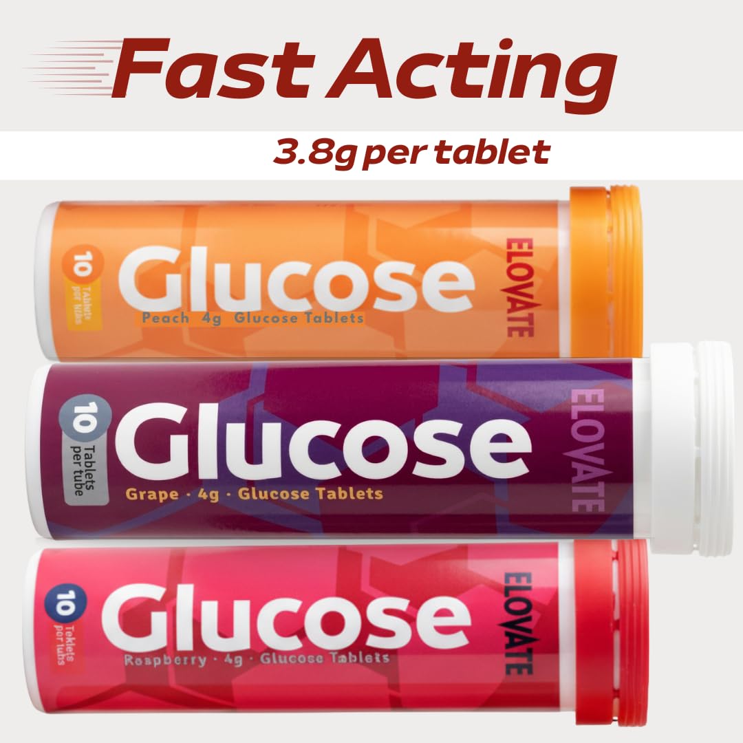 ELOVATE tubo abierto con tabletas visibles, beneficio: acceso rápido a glucosa