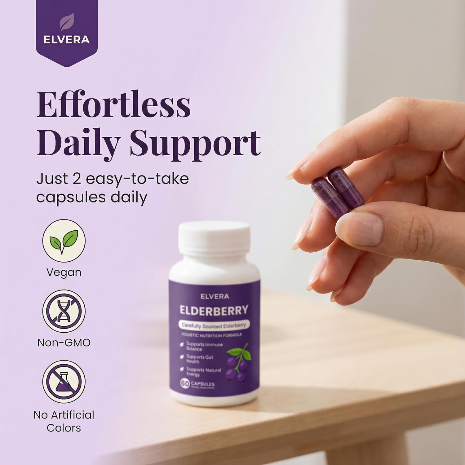 ELVERA producto sobre fondo natural, imagen de bienestar y simplicidad