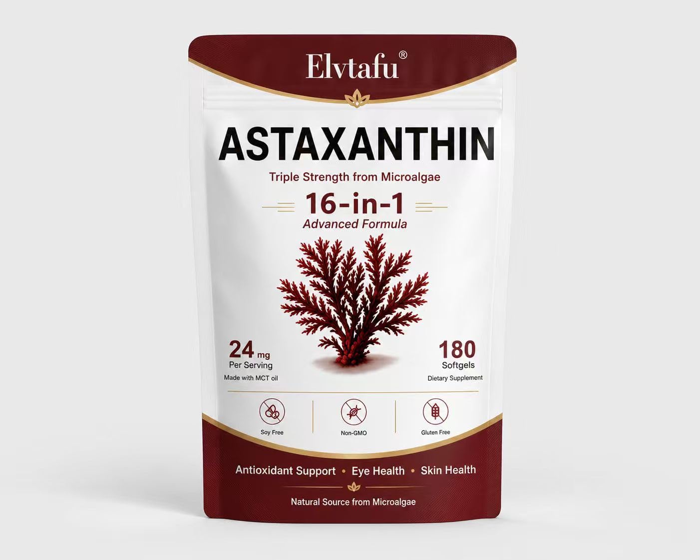 Elvtafu frente del frasco de astaxantina 24mg con etiqueta clara y beneficios de duración