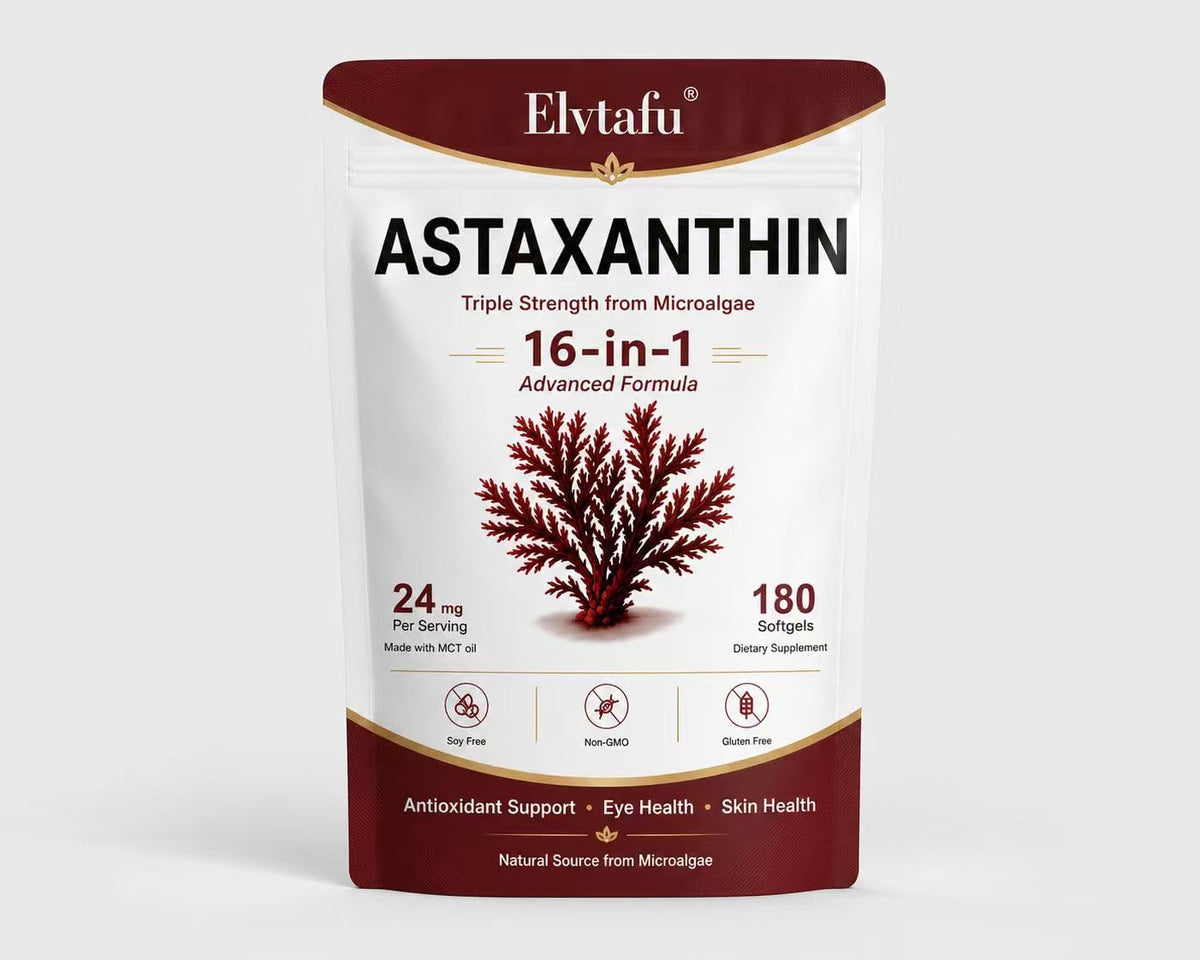 Elvtafu frente del frasco de astaxantina 24mg con etiqueta clara y beneficios de duración