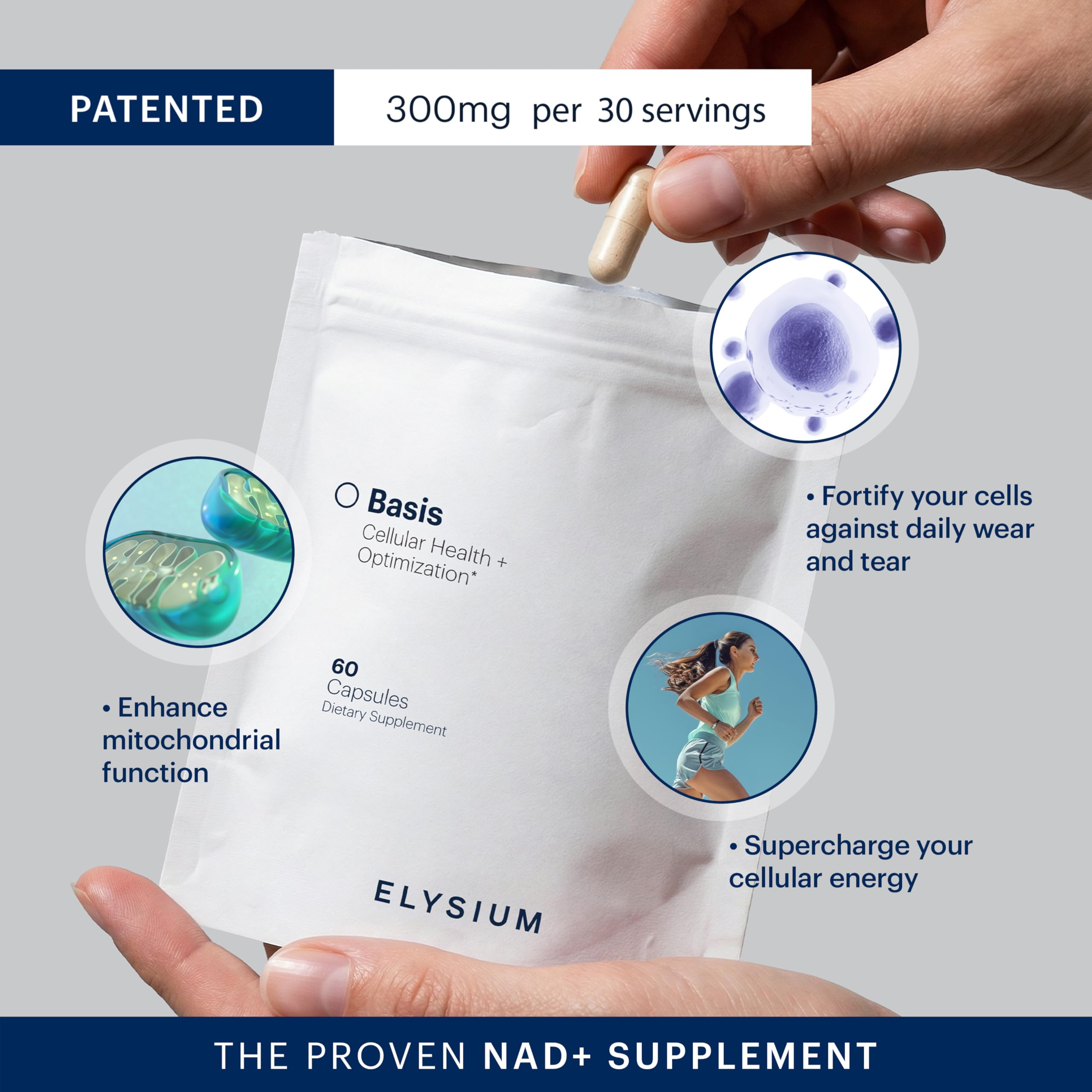 ELYSIUM Basis etiqueta con ingredientes y beneficios visibles