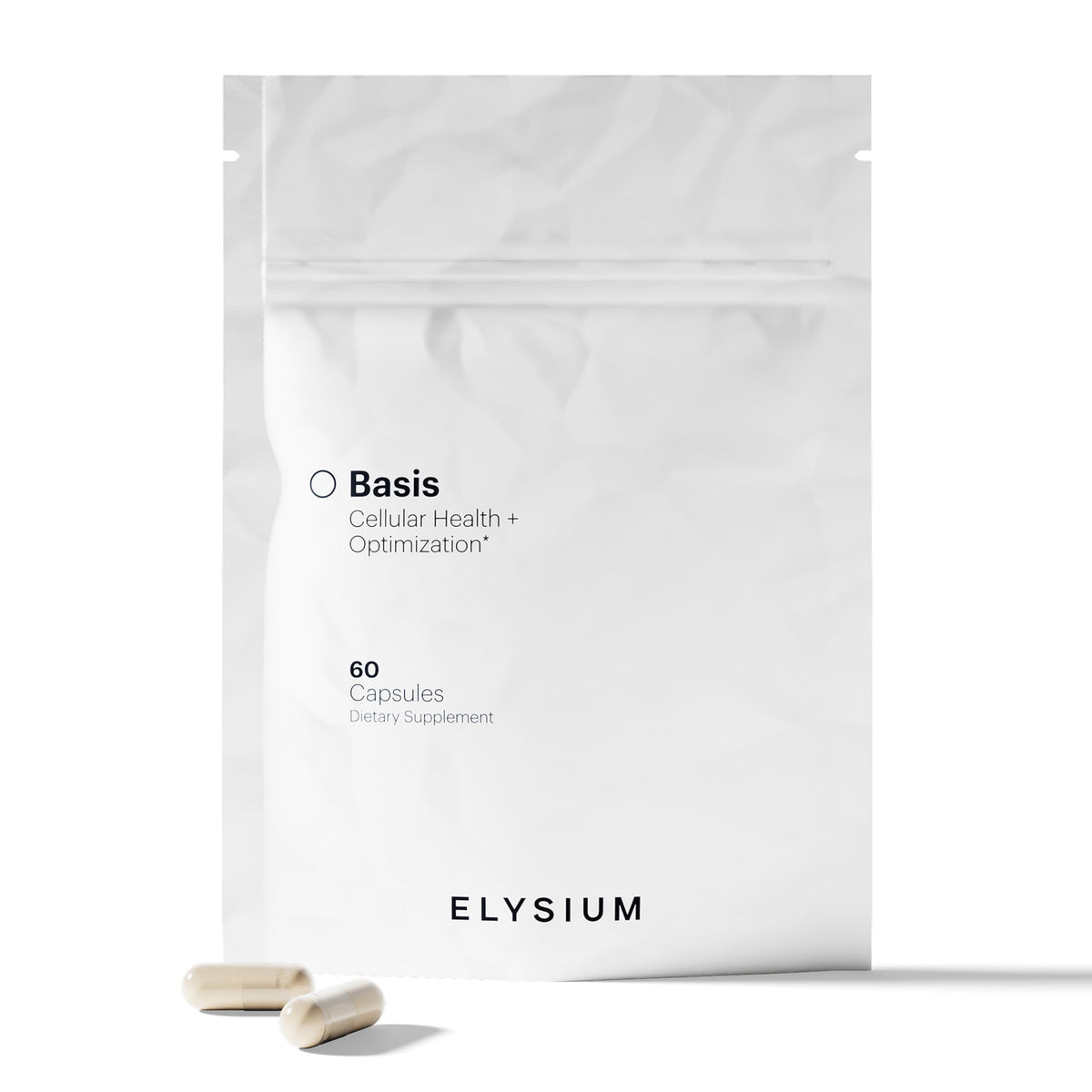ELYSIUM Basis frontal del envase mostrando diseño y porciones