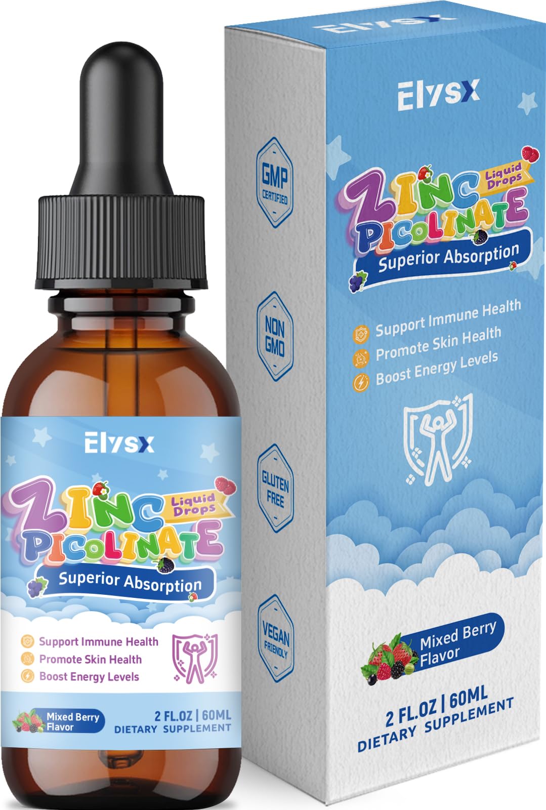 Elysx frasco frontal de gotas de zinc, visual claro y confianza