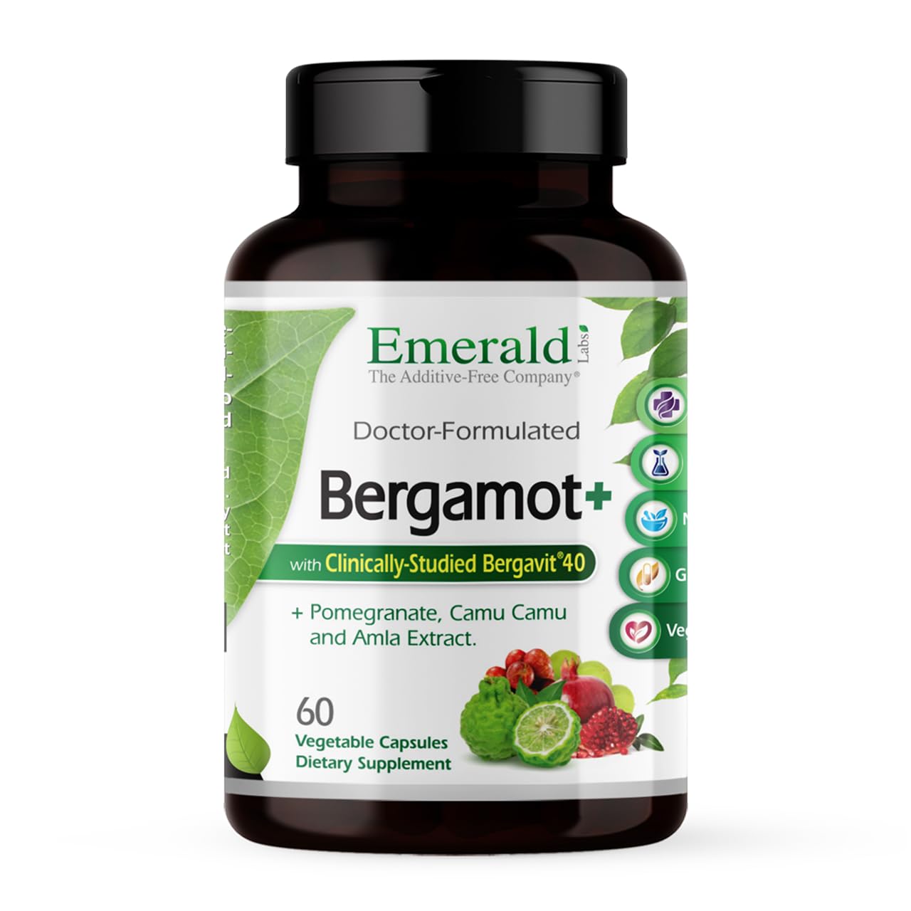 EMERALD LABS frasco frontal mostrando Bergamot+ y claridad de ingredientes