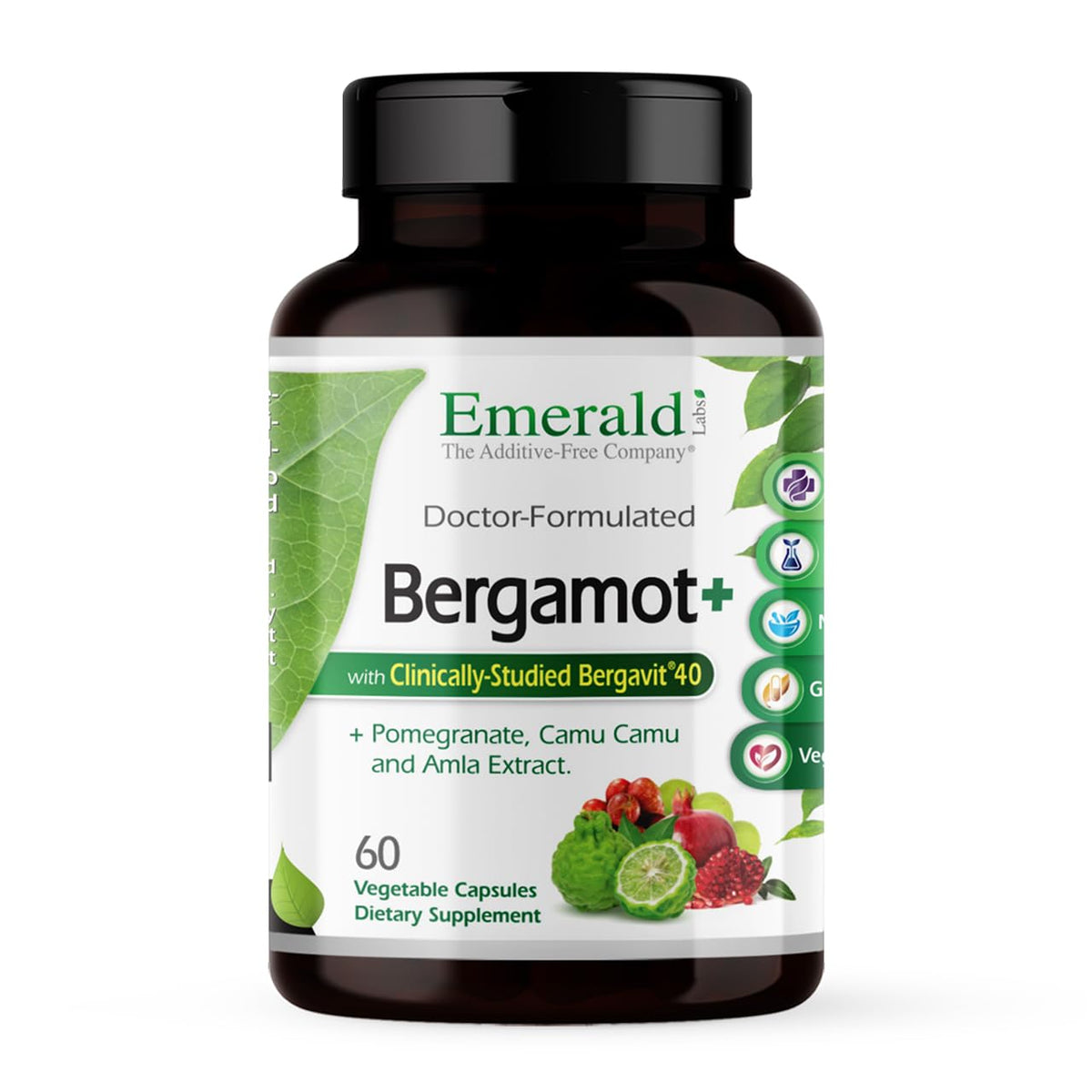 EMERALD LABS frasco frontal mostrando Bergamot+ y claridad de ingredientes