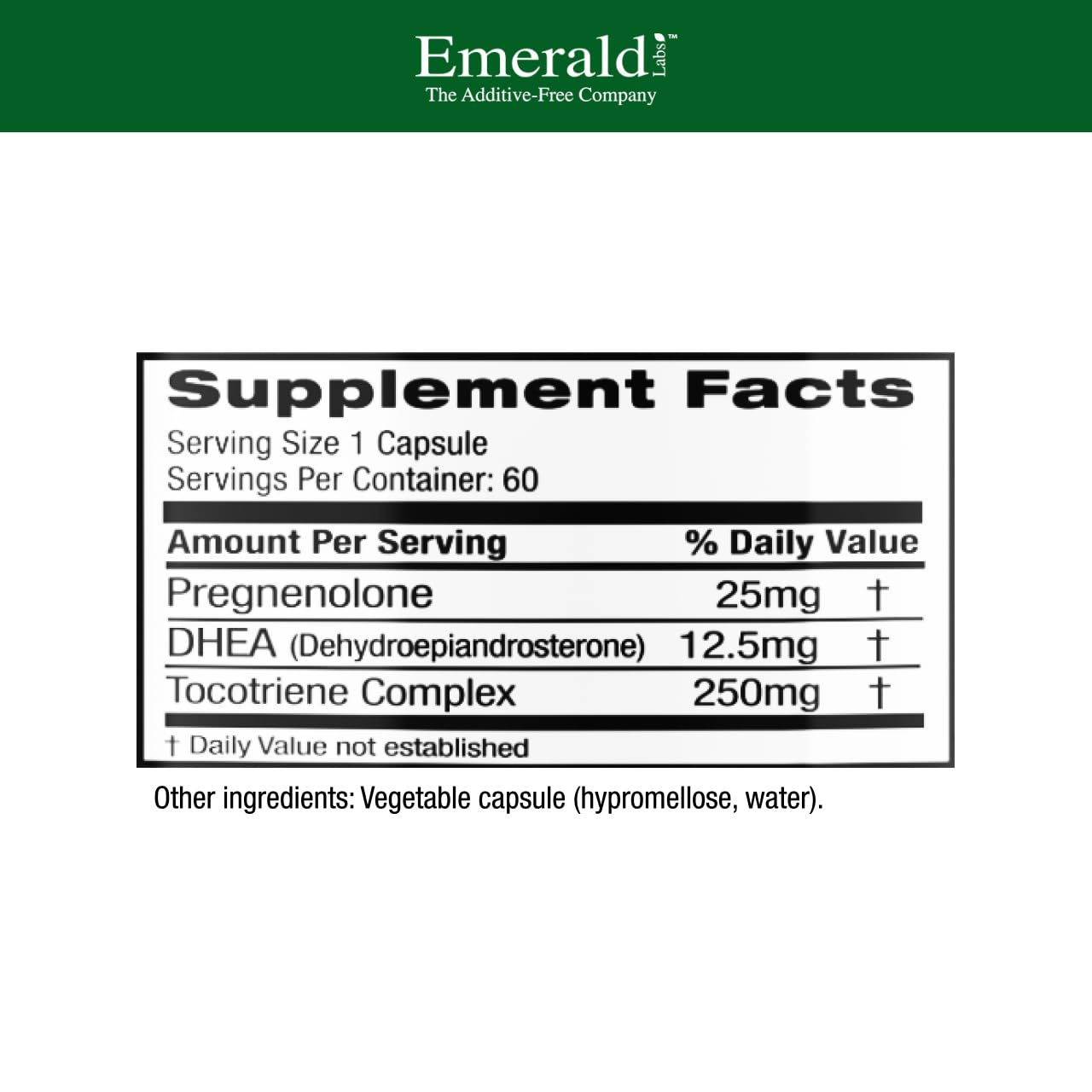 EMERALD LABS detalle de etiqueta con dosis y composición clara
