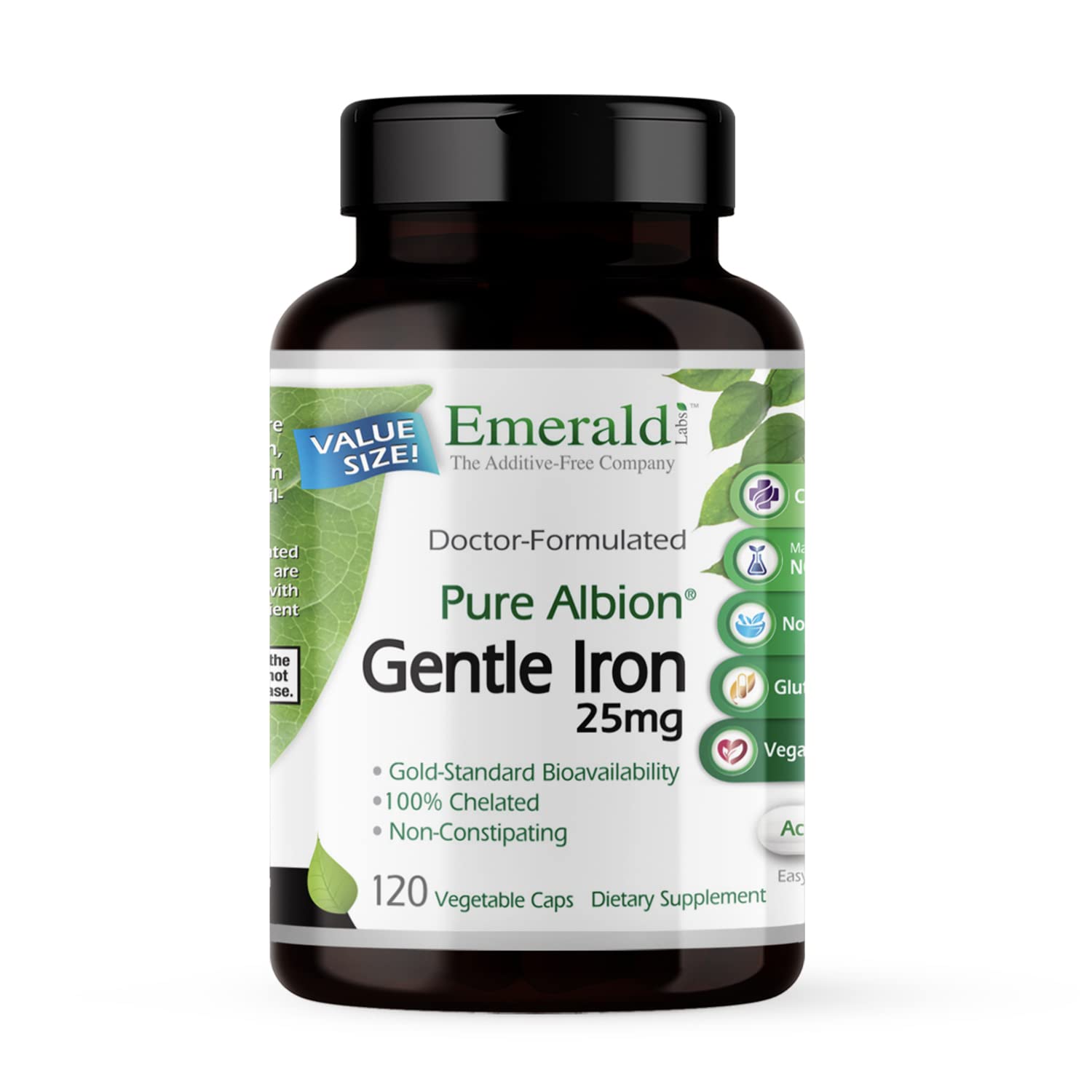 EMERALD LABS frasco delantero de Gentle Iron mostrando etiqueta clara y beneficio de absorción