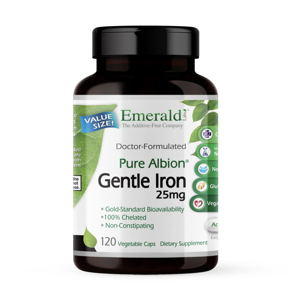 EMERALD LABS frasco delantero de Gentle Iron mostrando etiqueta clara y beneficio de absorción