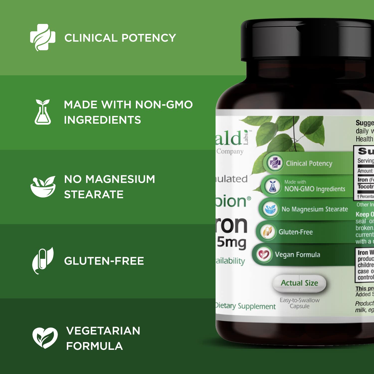 EMERALD LABS etiqueta con tabla nutricional destacando 25 mg de hierro por porción
