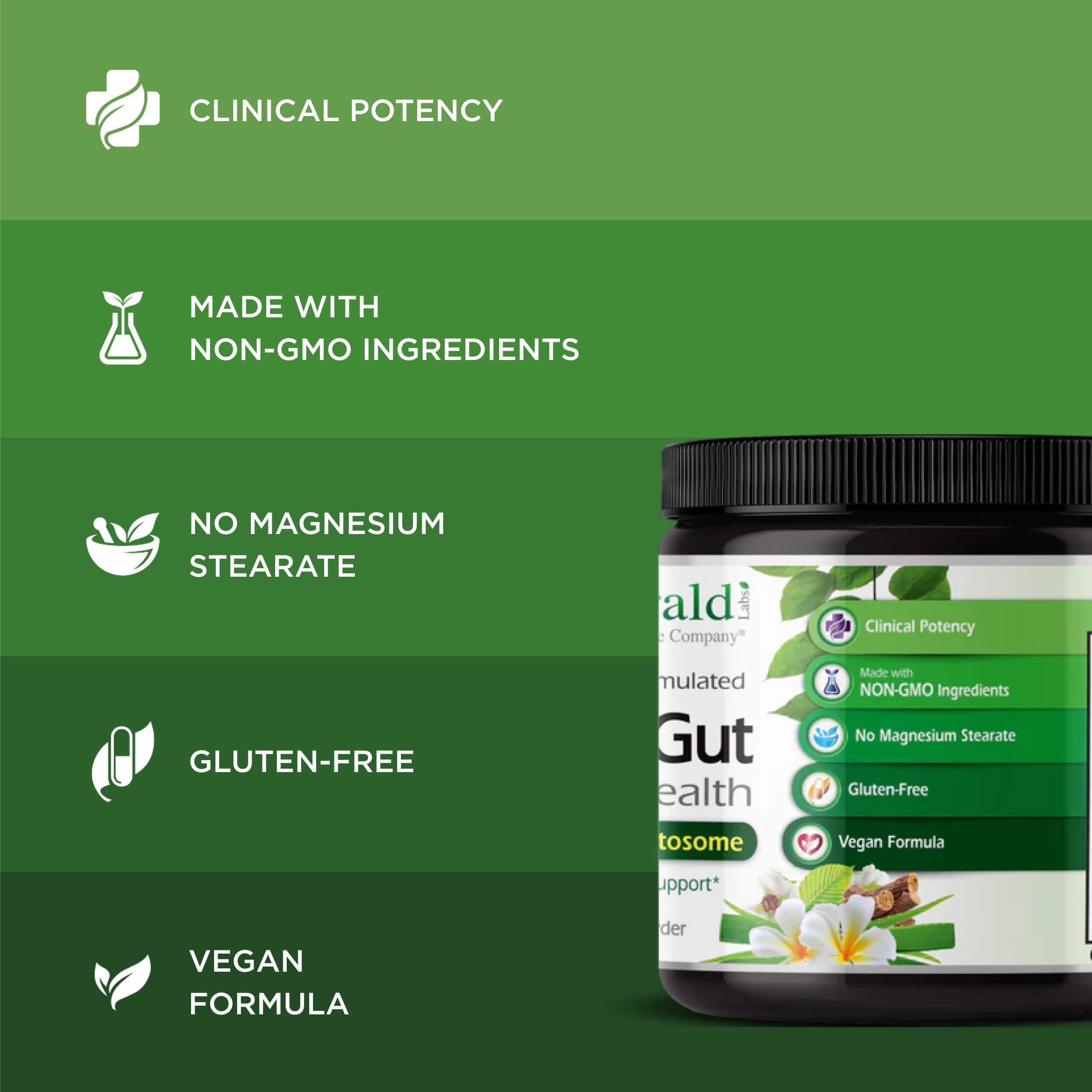 Etiqueta de Emerald Labs con lista de ingredientes y certificaciones claras