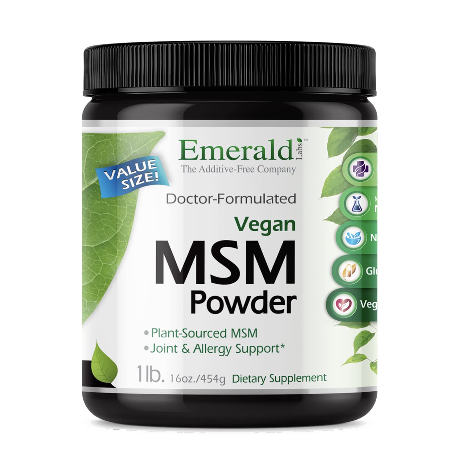 Emerald Labs frasco frontal mostrando el polvo y rotulado claro para compra informada