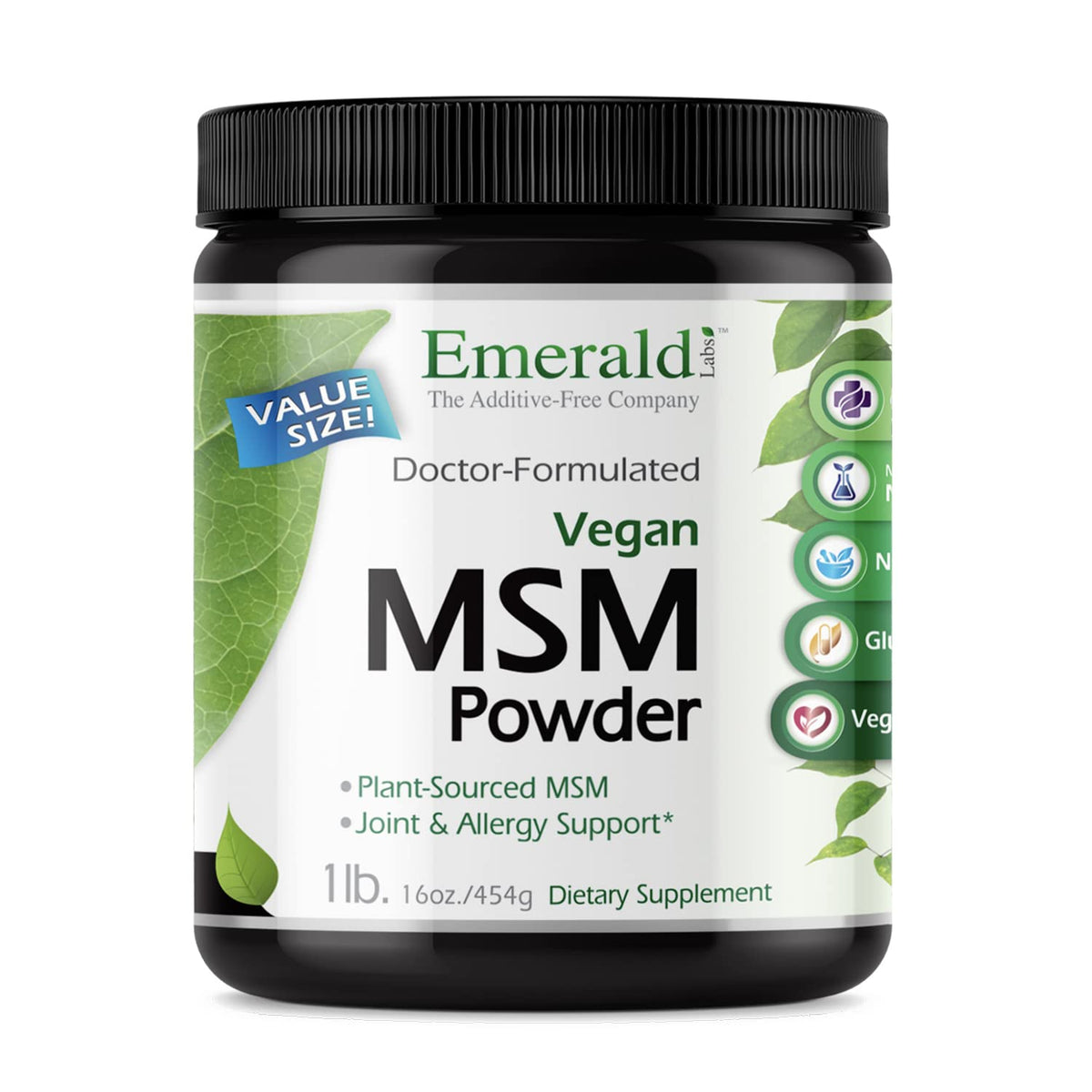 Emerald Labs frasco frontal mostrando el polvo y rotulado claro para compra informada