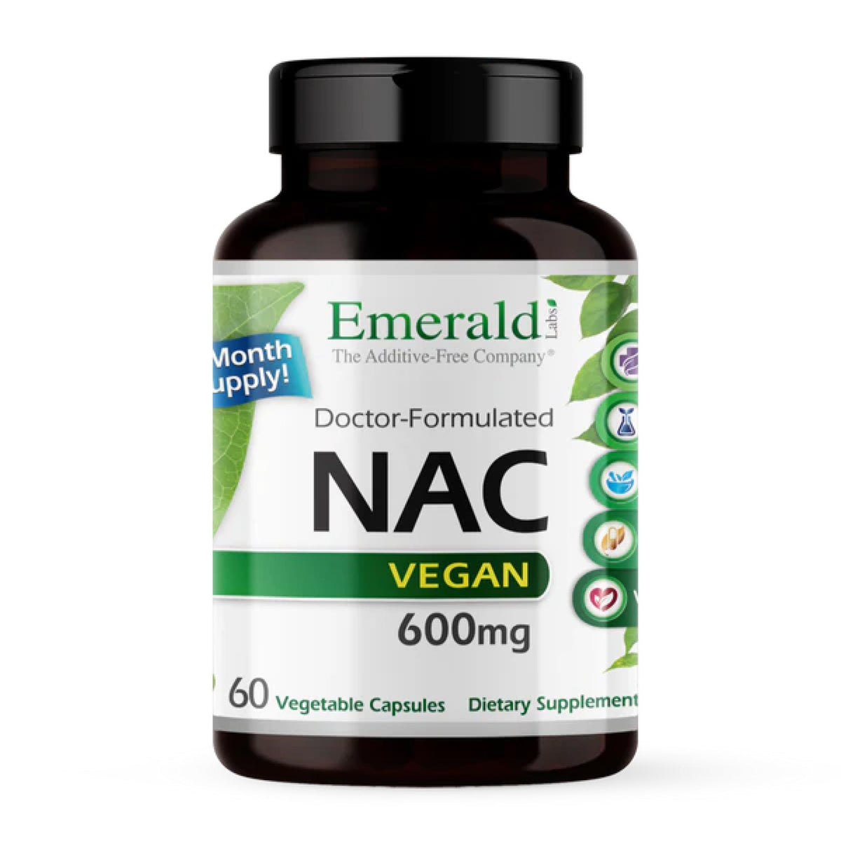 EMERALD LABS envase frontal mostrando NAC 600mg y beneficio de pureza