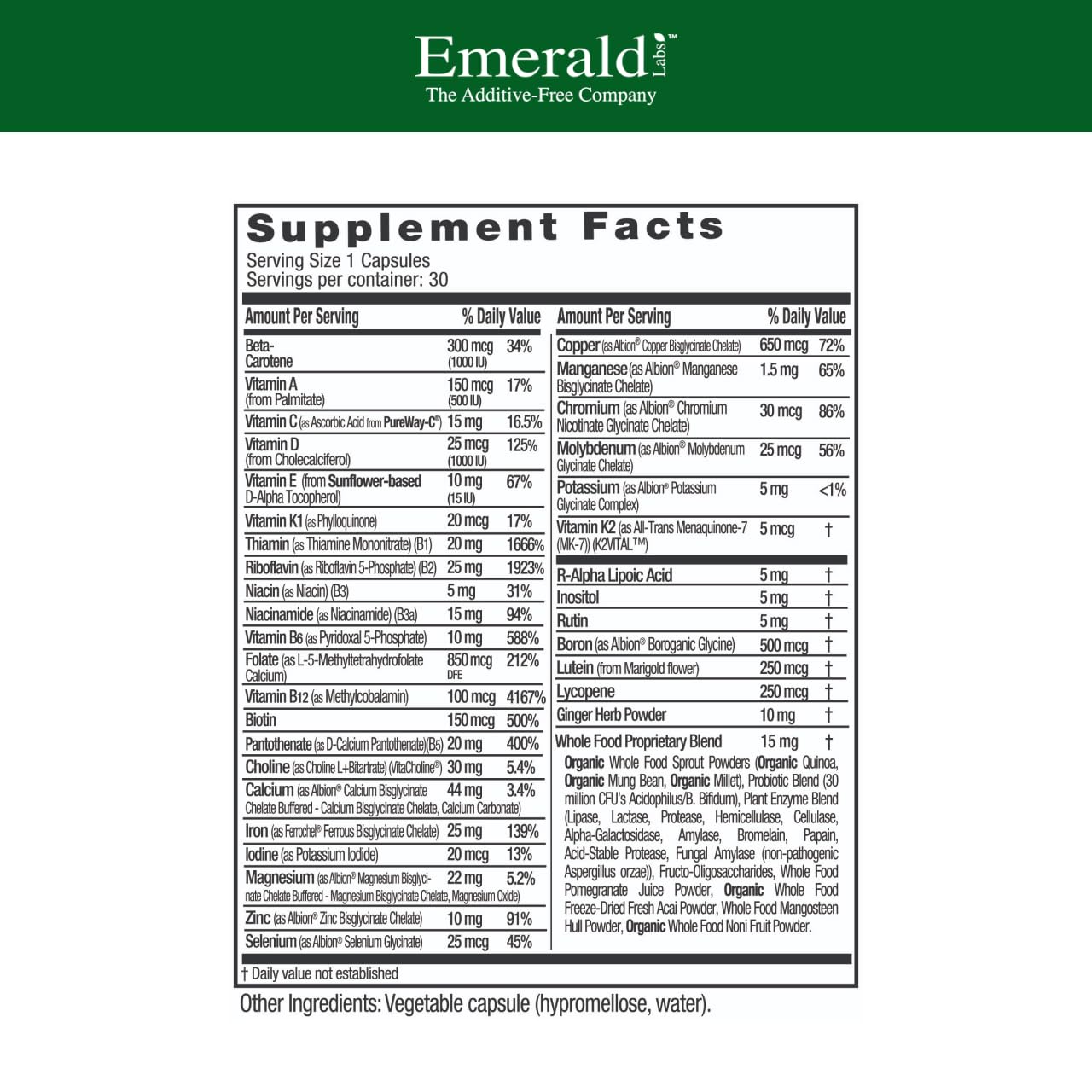 Emerald Labs detalle de cápsula vegetal resaltando fácil ingestión