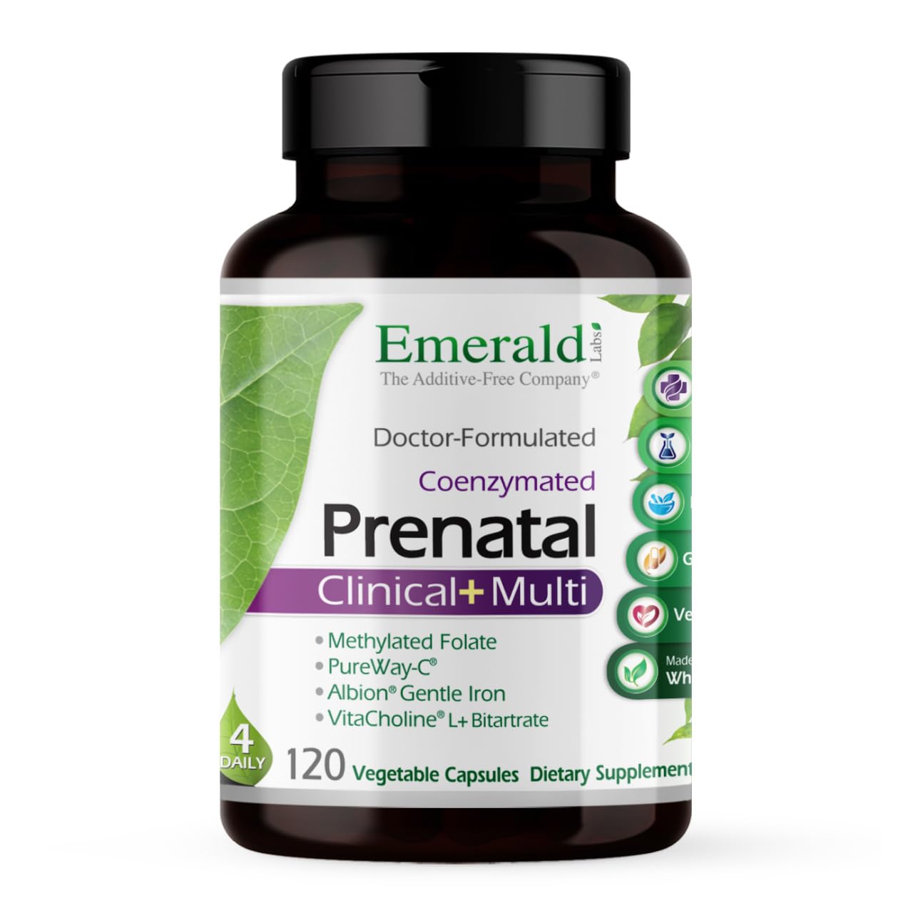 EMERALD LABS frasco frontal que muestra el multivitamínico prenatal, ofrece confianza