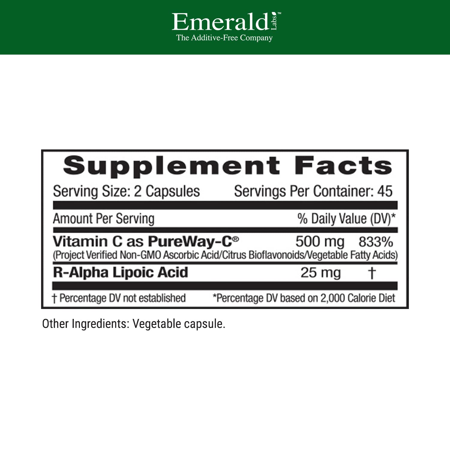 EMERALD LABS cápsulas PureWay-C detalle, textura visible para administración precisa