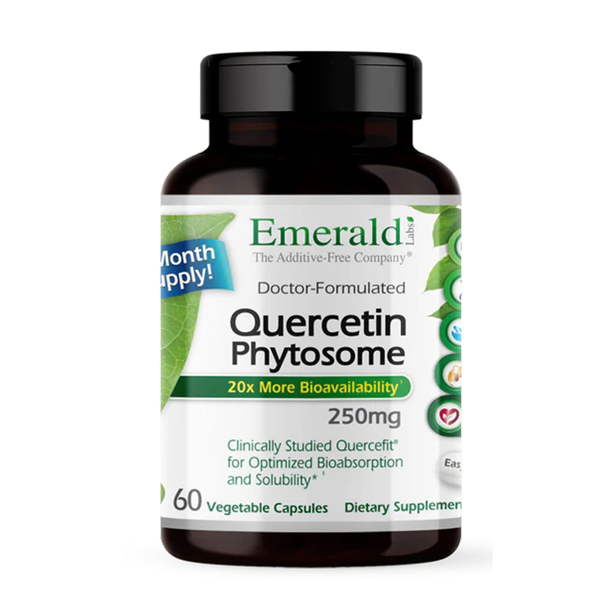 EMERALD LABS frasco frontal del Quercetin Phytosome mostrando la etiqueta y cantidad de cápsulas