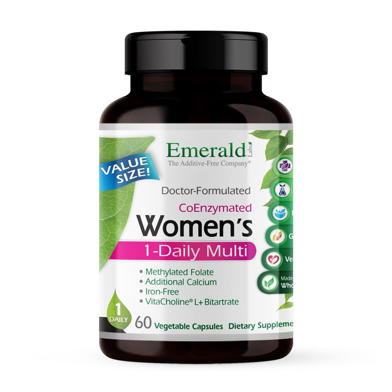 EMERALD LABS frasco frontal mostrando el diseño y beneficio de multivitamínico diario
