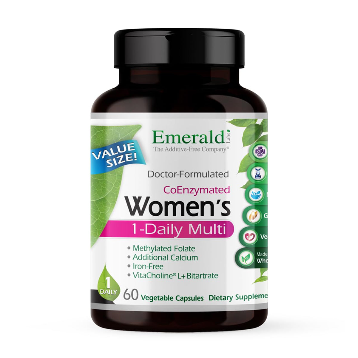 EMERALD LABS frasco frontal mostrando el diseño y beneficio de multivitamínico diario