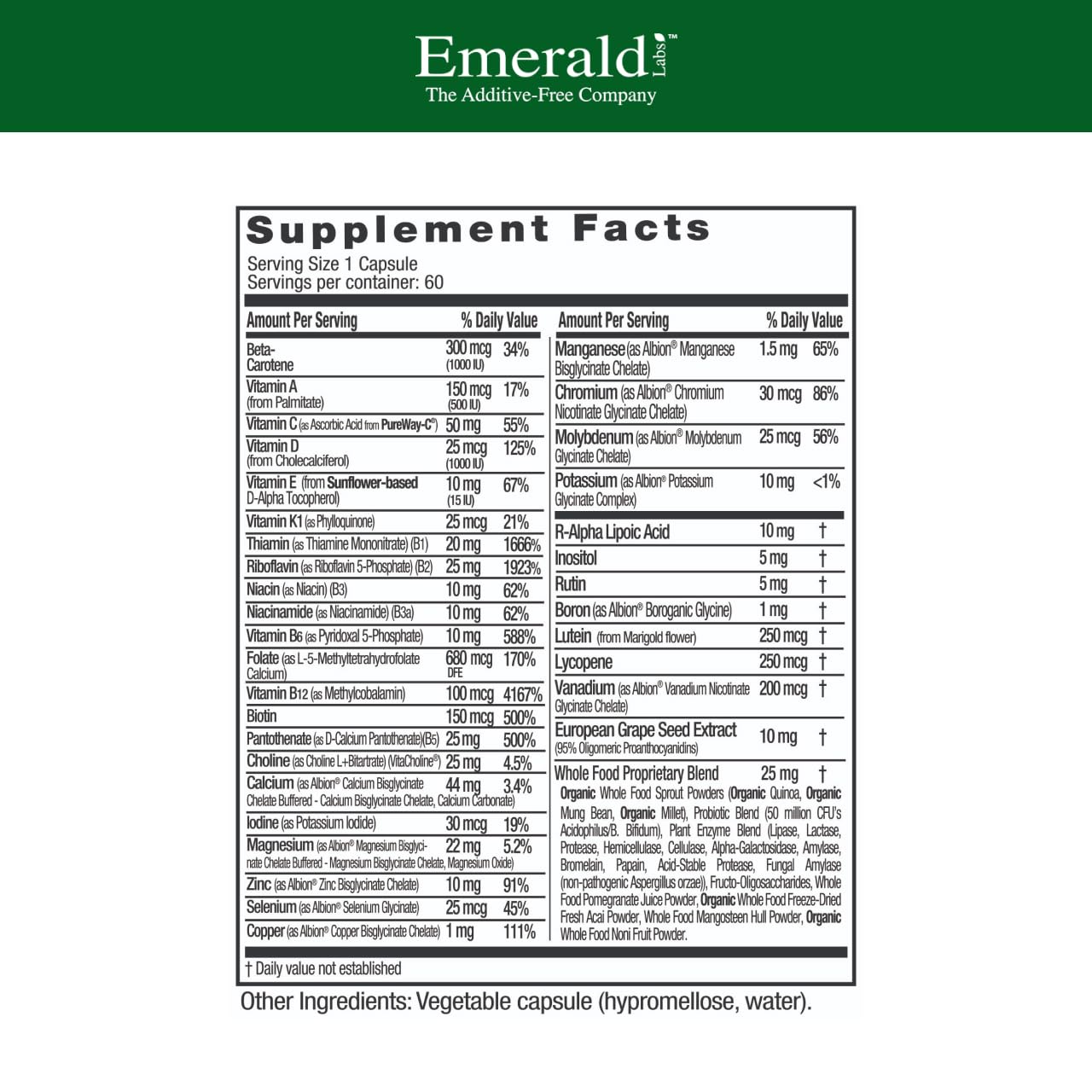 EMERALD LABS vista lateral del envase resaltando fórmula vegetariana y sin gluten