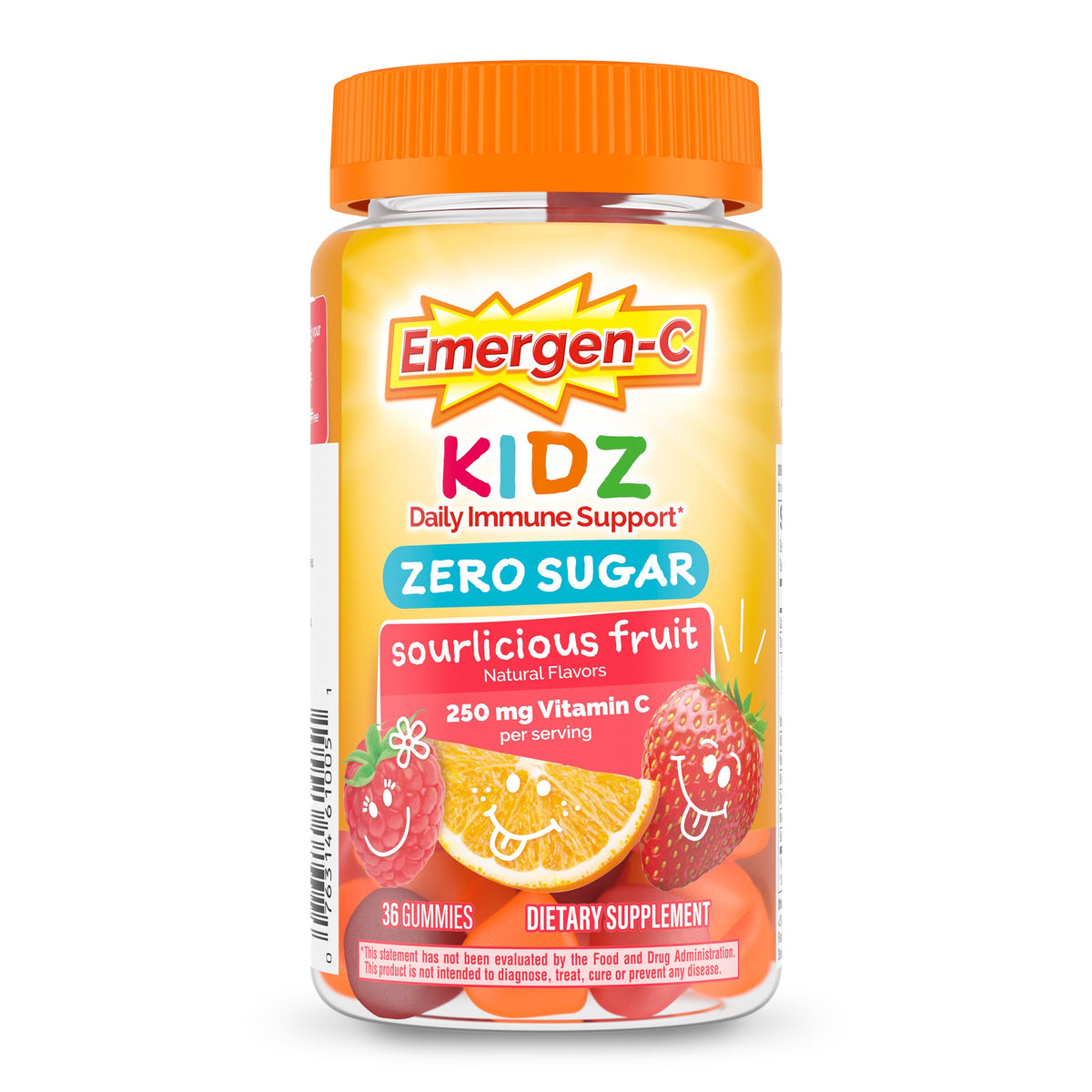 Emergen-C frasco frontal Kidz Gummies mostrando etiqueta y beneficios