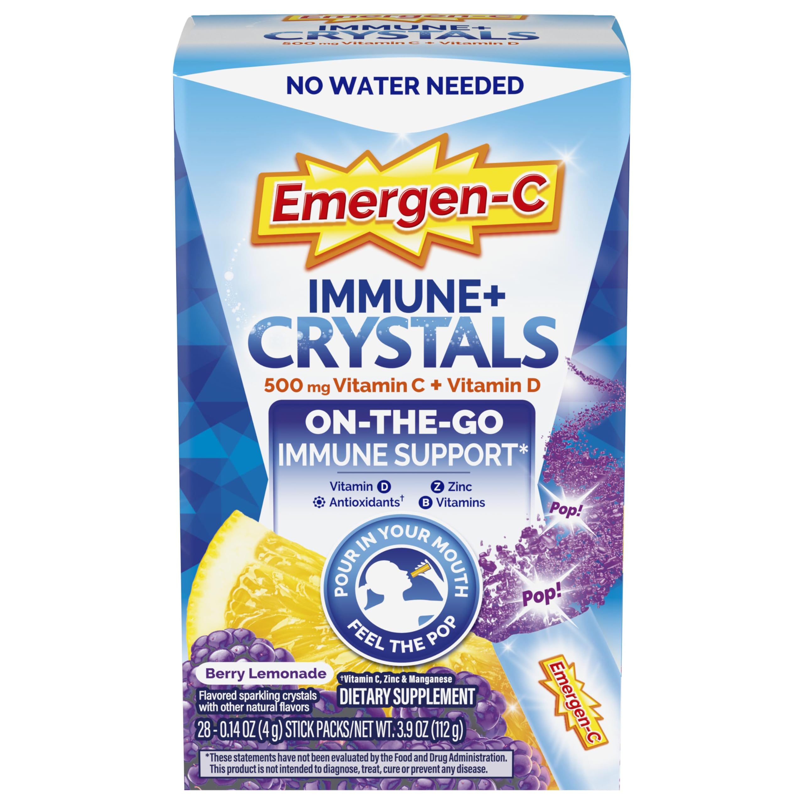 Emergen-C caja frontal Berry Lemonade mostrando 28 sobres portátil