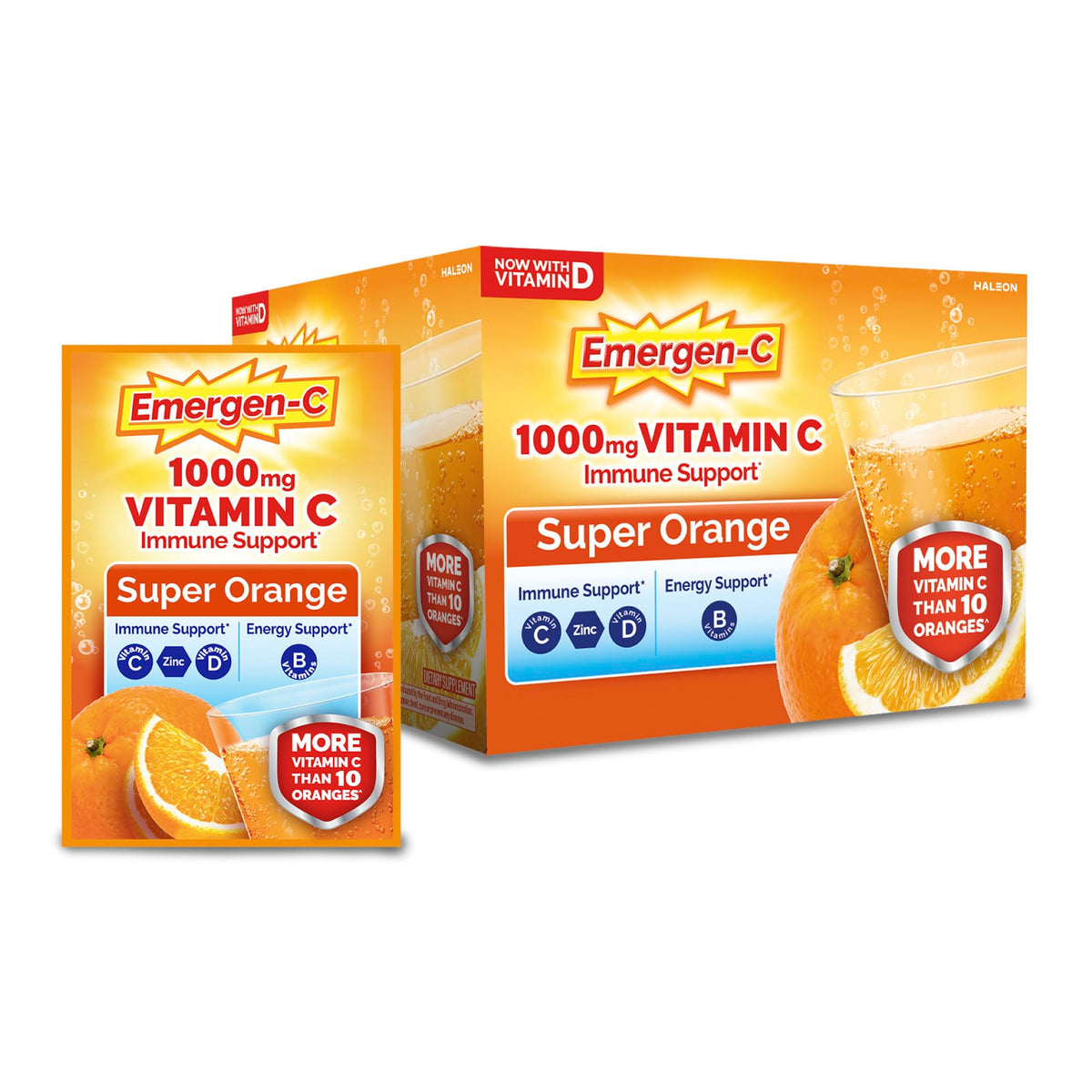 Emergen-C empaque frontal super orange mostrando contenido y formato