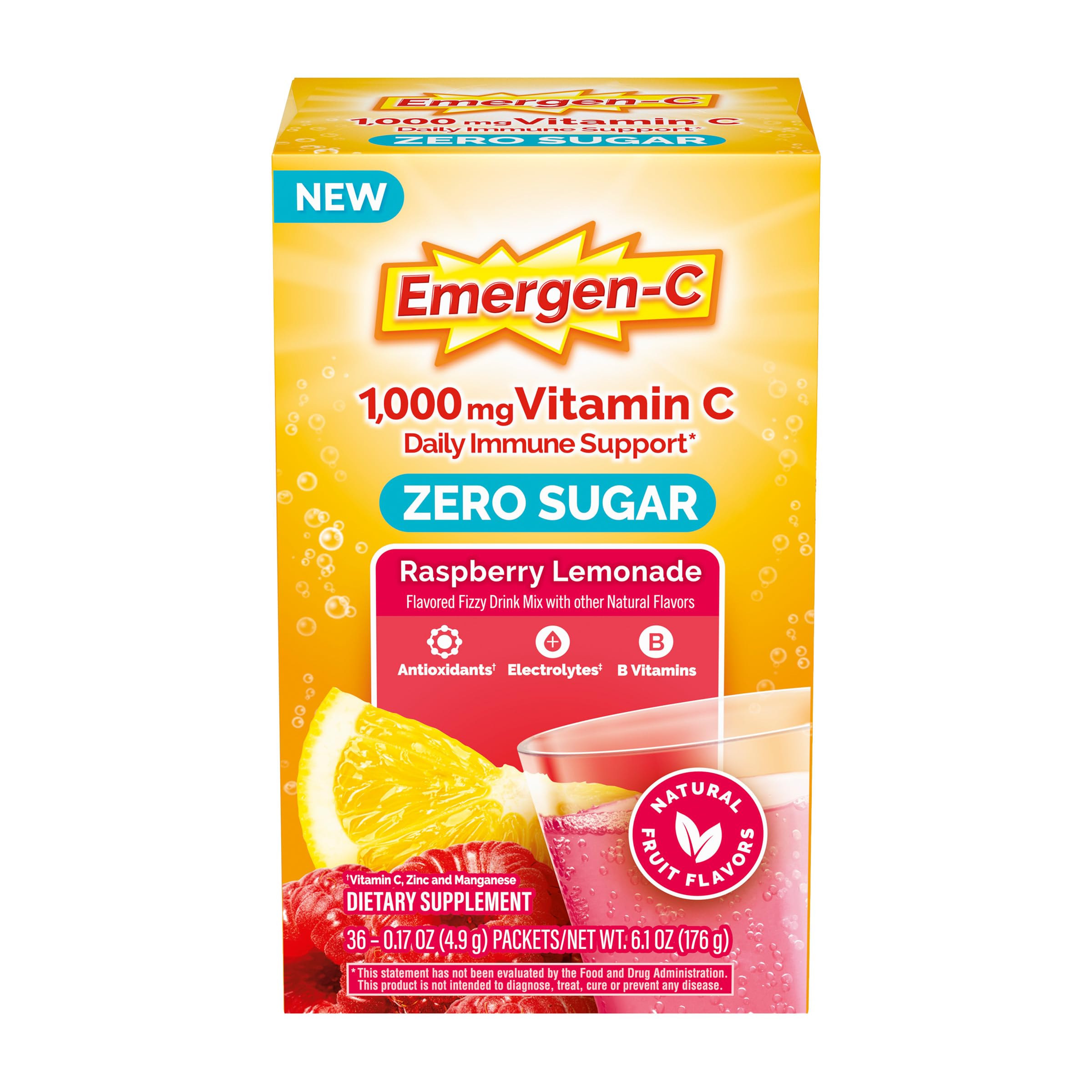 Emergen-C frente del empaque mostrando 36 sobres y beneficio práctico