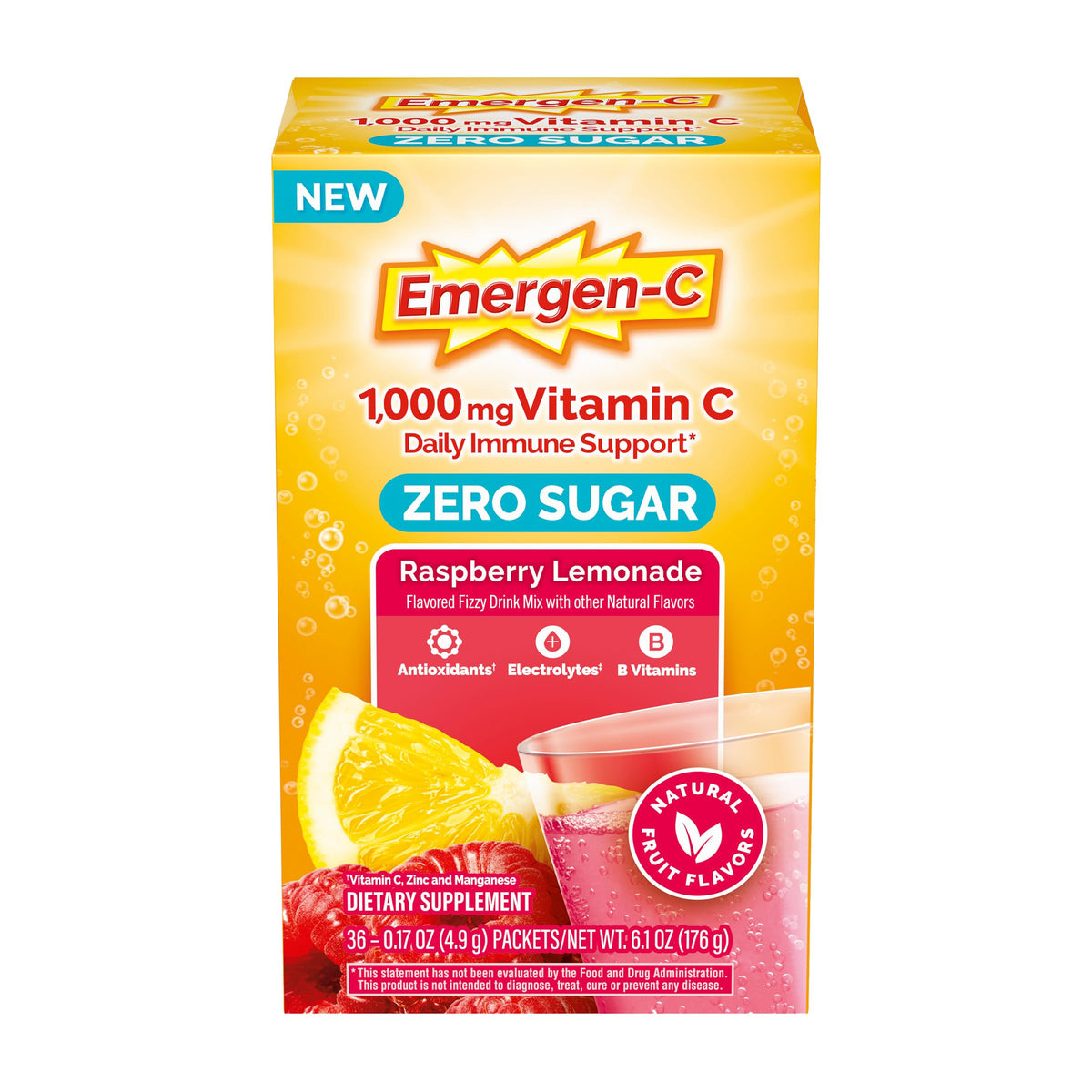 Emergen-C frente del empaque mostrando 36 sobres y beneficio práctico