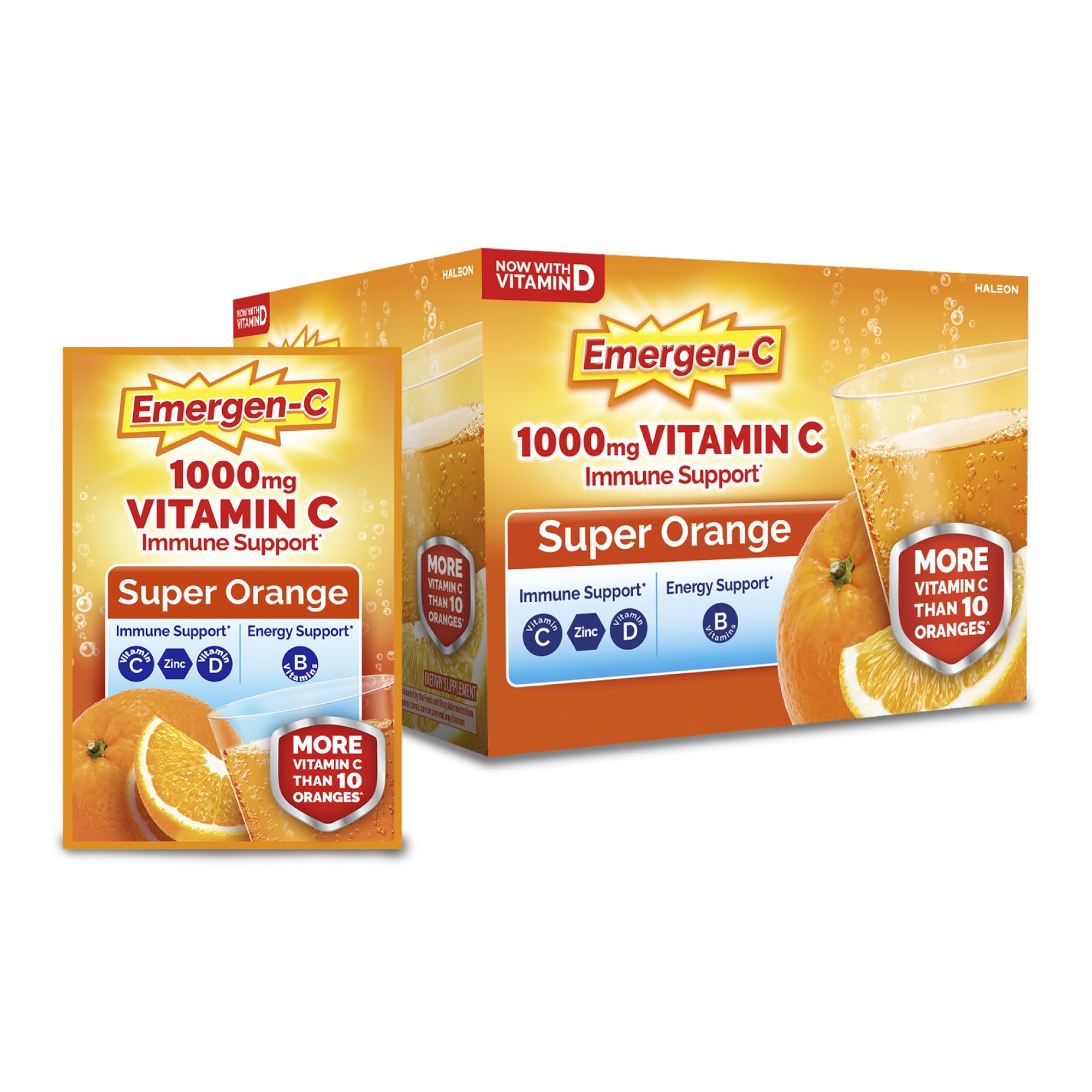 Emergen-C frente del empaque Super Orange mostrando presentación de 60 sobres y conveniencia