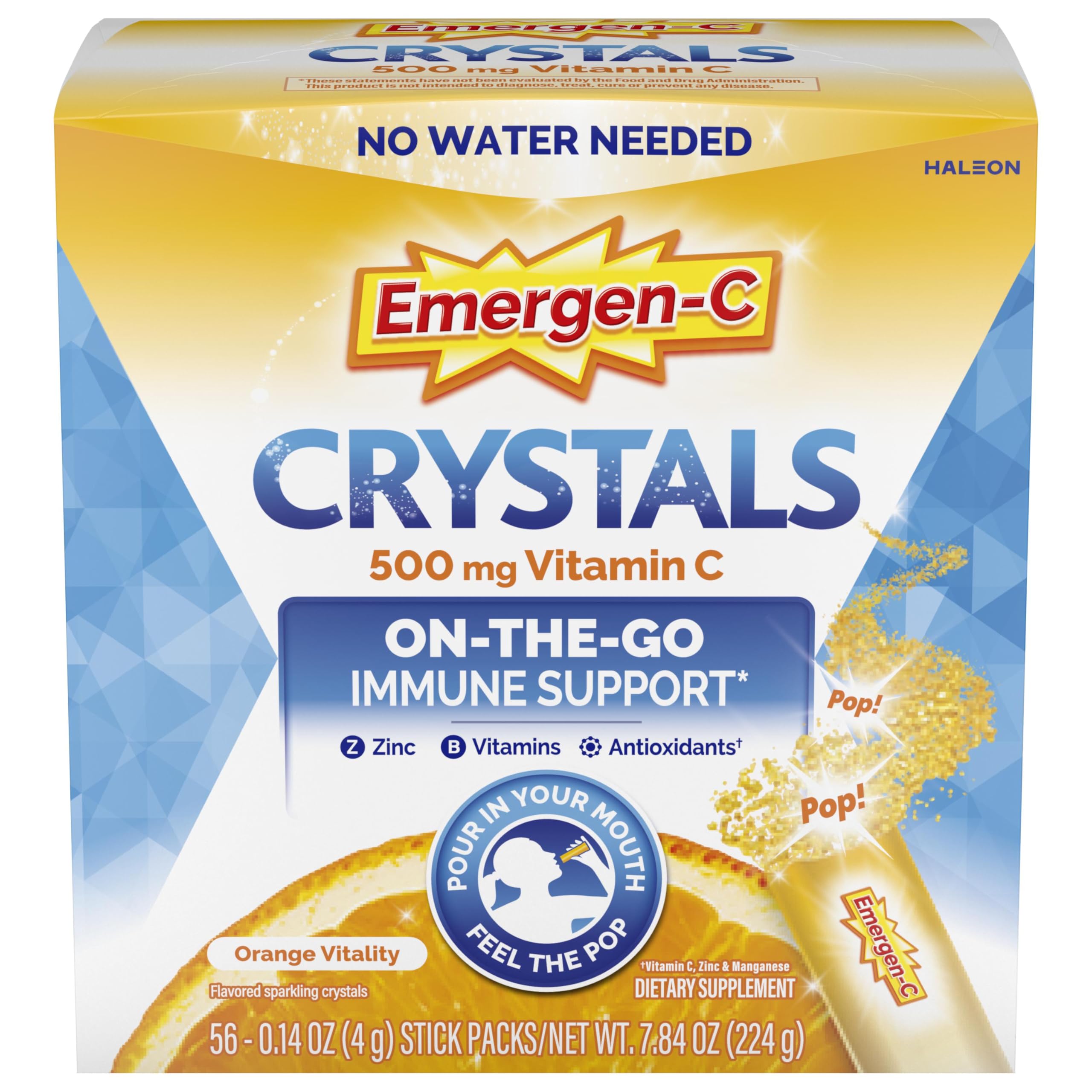 Emergen-C paquete frontal mostrando 56 sobres, práctico y portátil