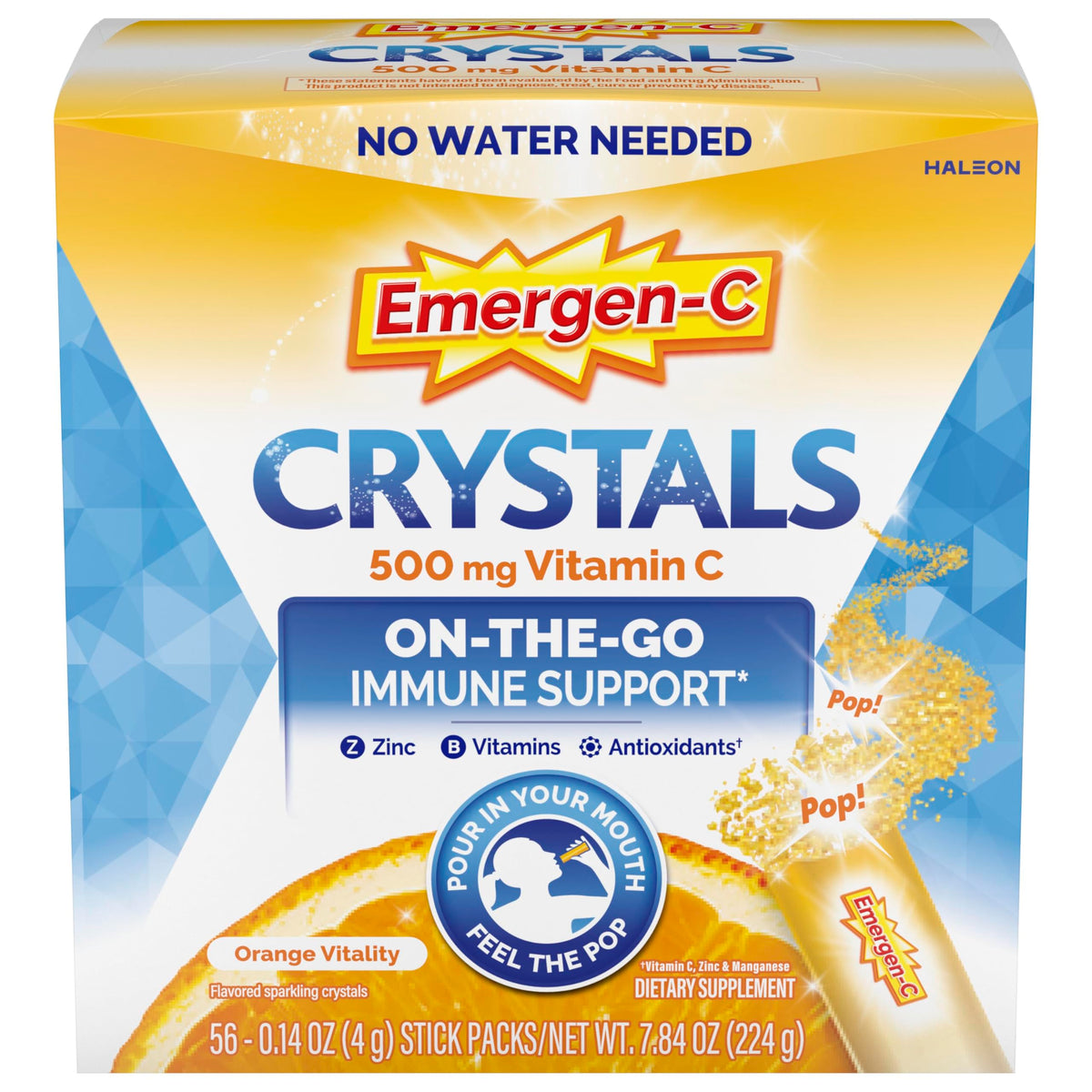 Emergen-C paquete frontal mostrando 56 sobres, práctico y portátil