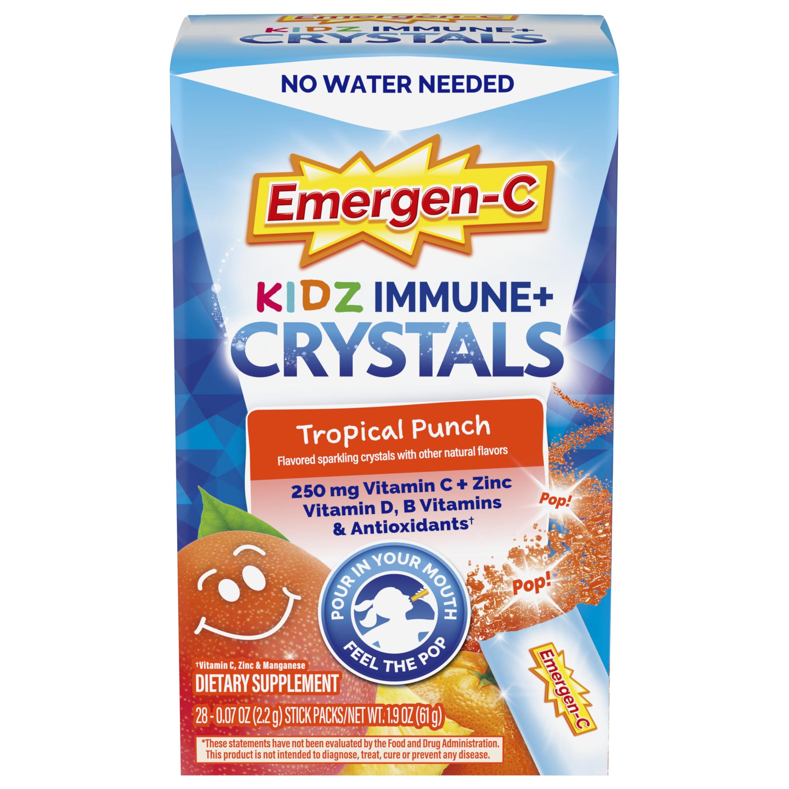 Emergen-C empaquetado frontal Tropical Punch mostrando 28 sobres y beneficios