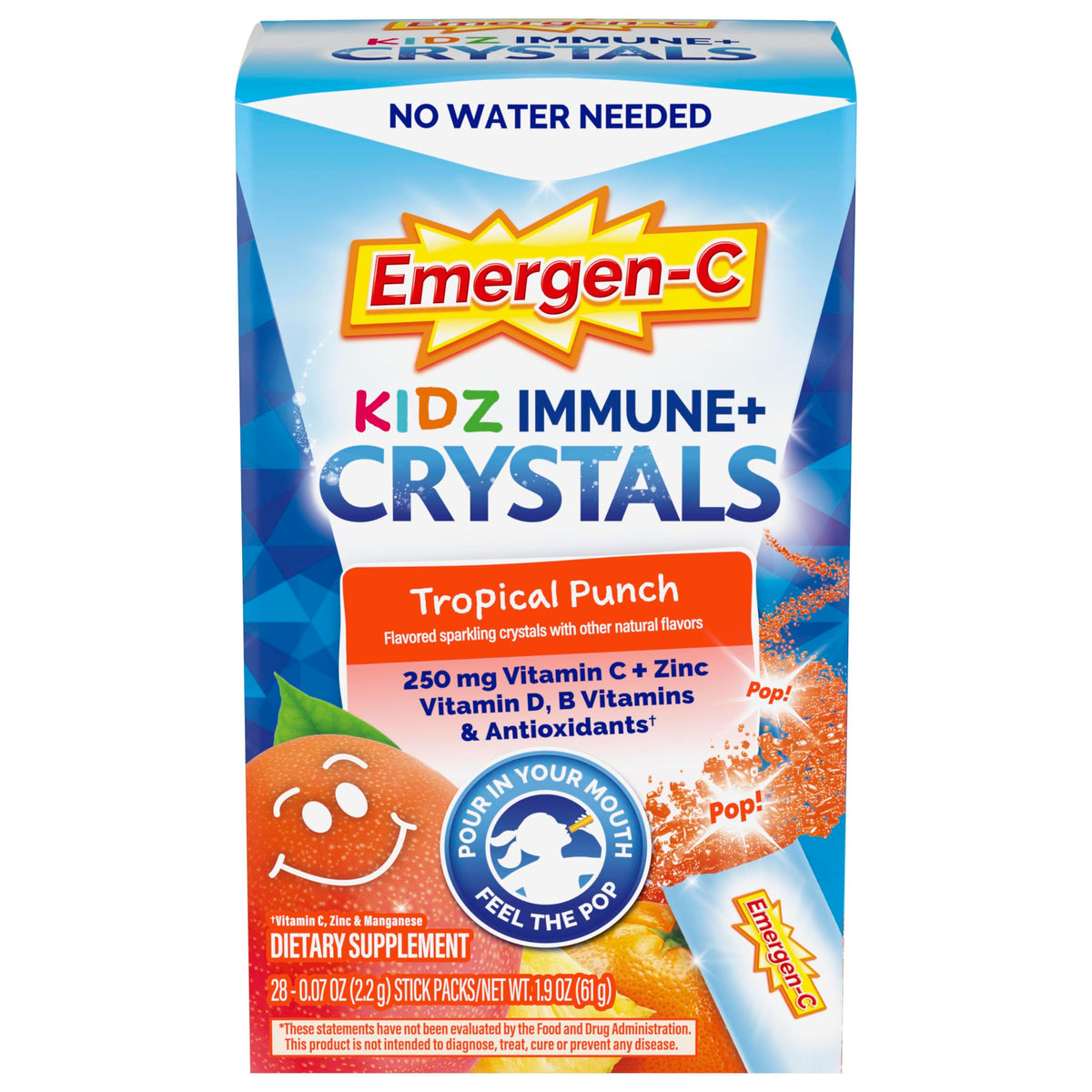 Emergen-C empaquetado frontal Tropical Punch mostrando 28 sobres y beneficios