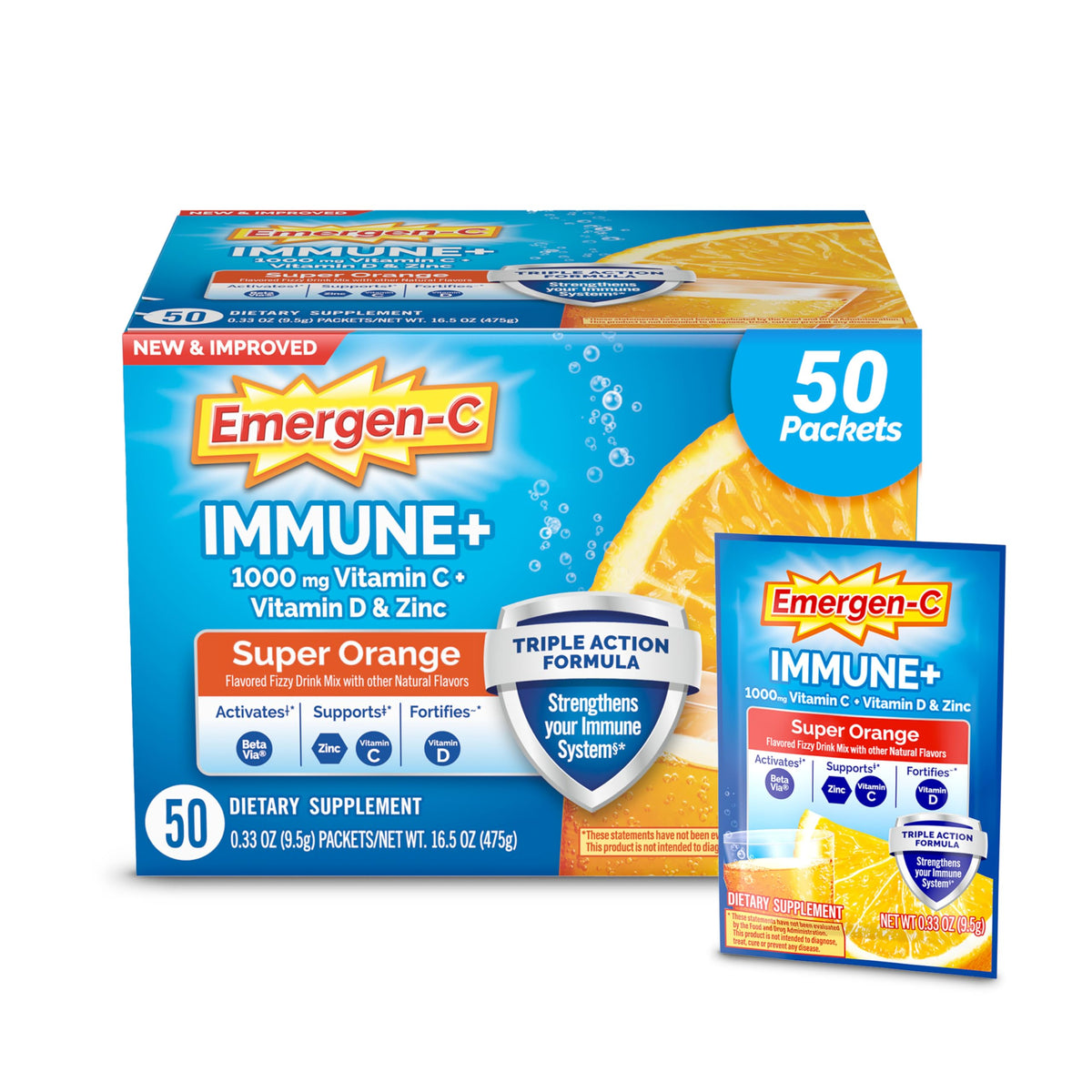 Emergen-C frente de caja mostrando 50 sobres y beneficio de suministro diario