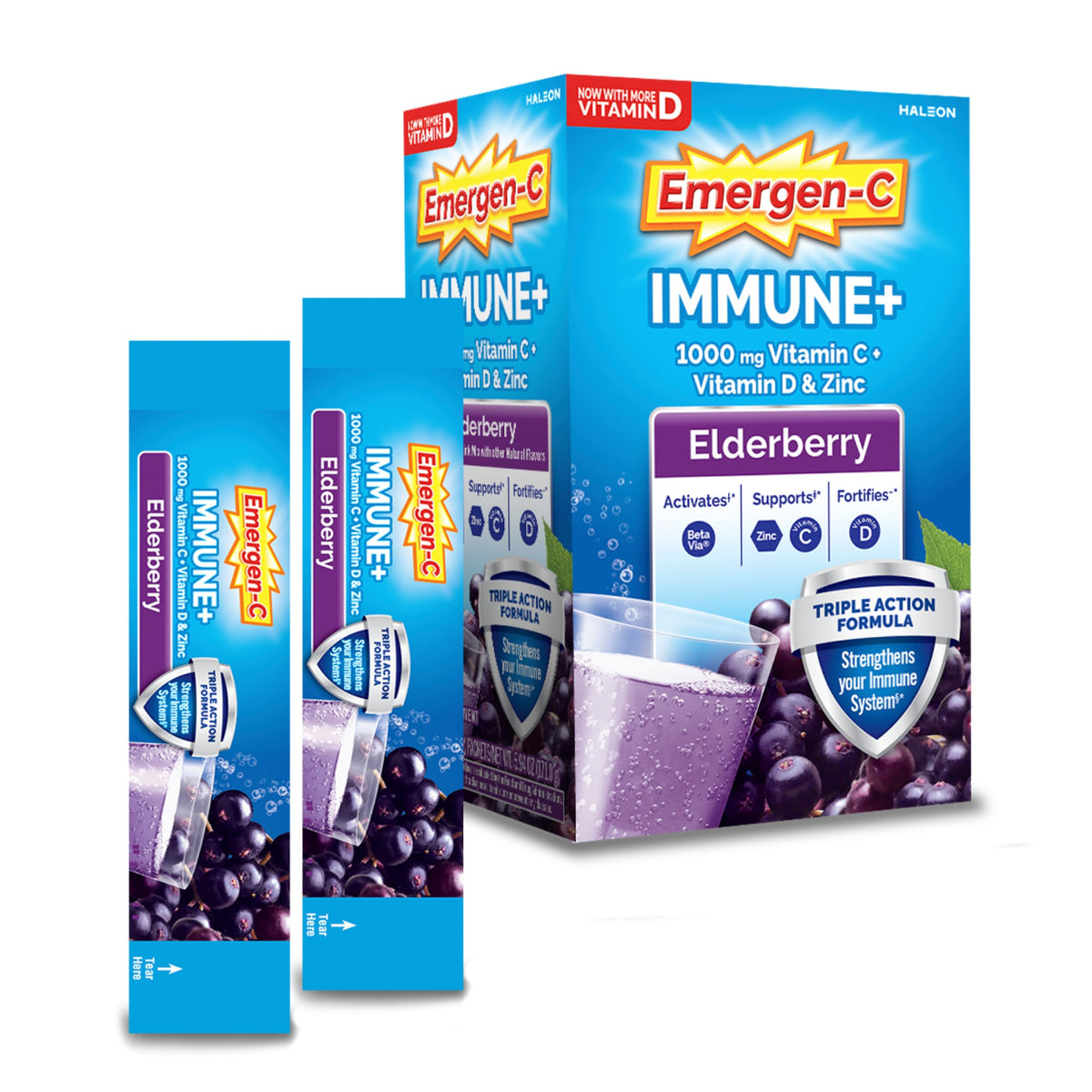 Emergen-C frente del empaque elderberry mostrando cantidad y beneficios
