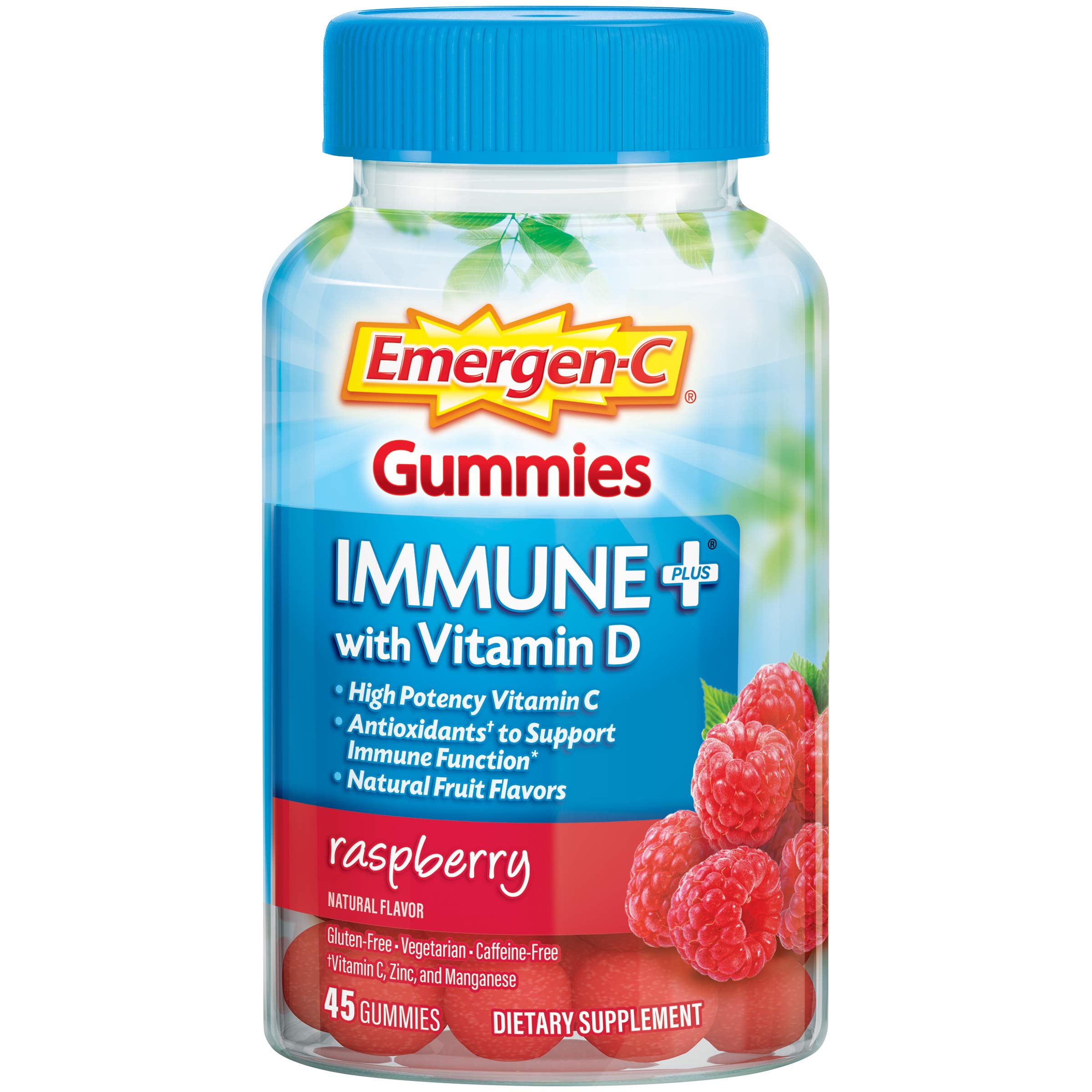 Emergen-C frasco frontal frambuesa mostrando la marca y cantidad