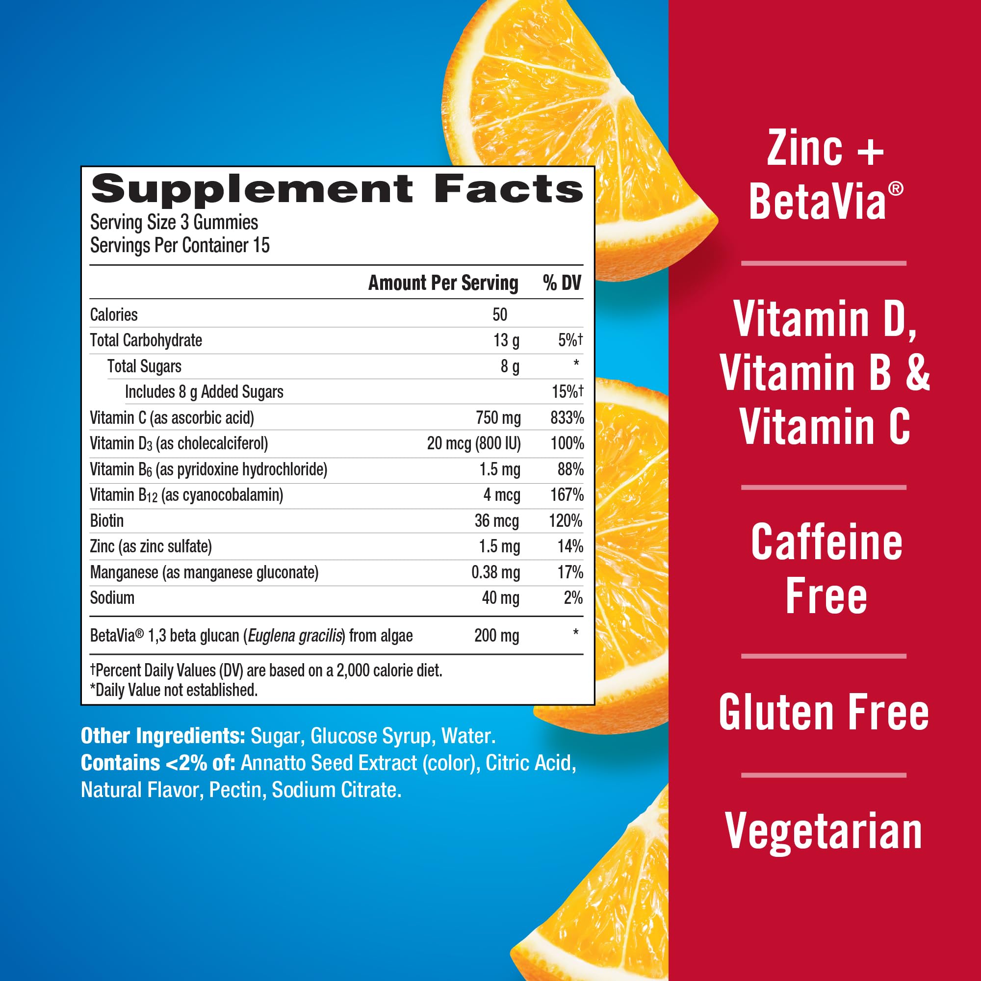 Emergen-C primer plano de ingredientes Betavia para soporte inmune natural