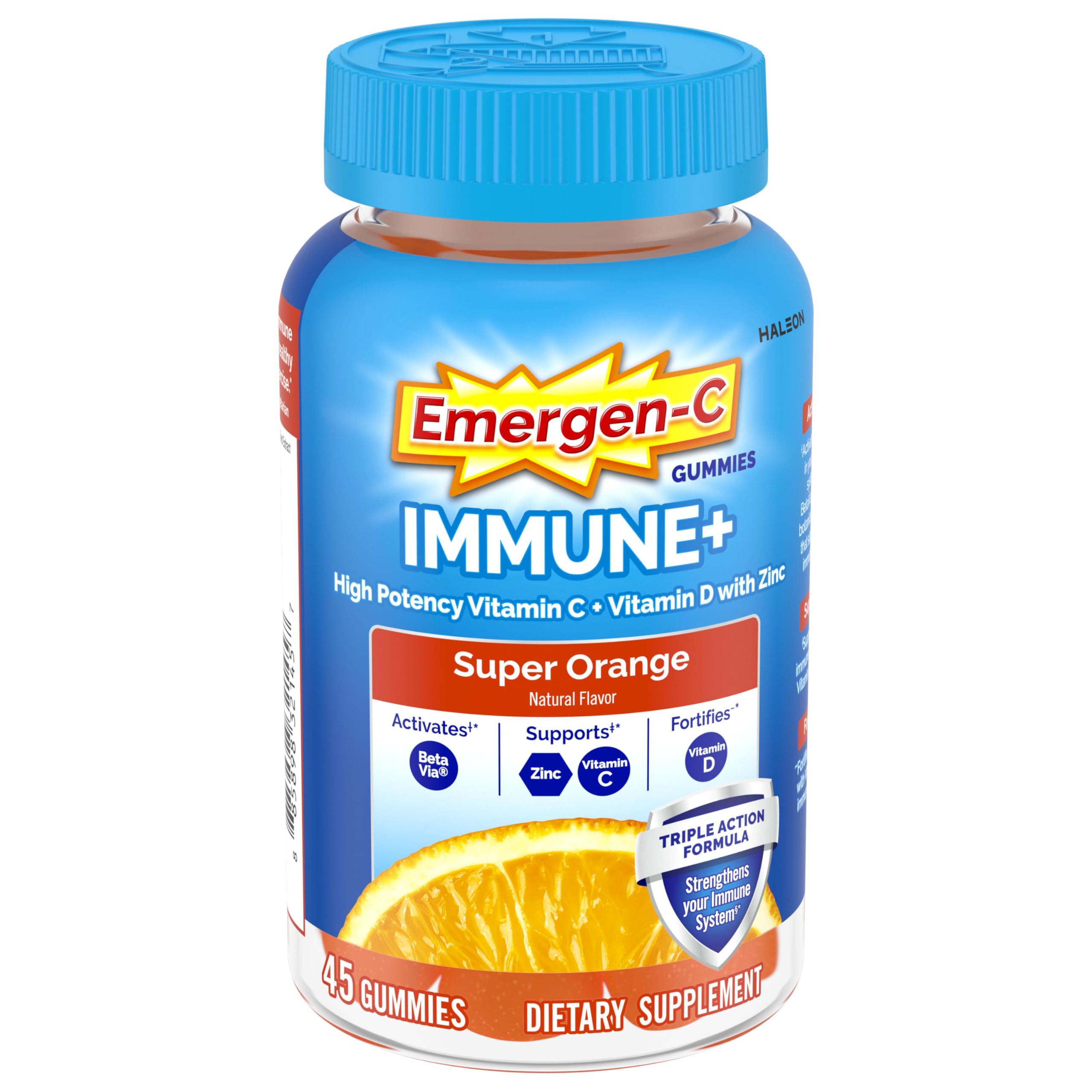 Emergen-C gomitas frontal mostrando envase y sabor Super Orange, fácil dosificación