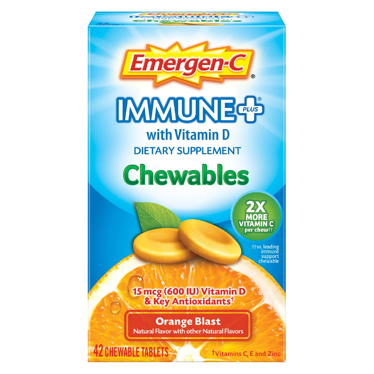 Emergen-C masticables frente mostrando etiqueta y beneficio portable