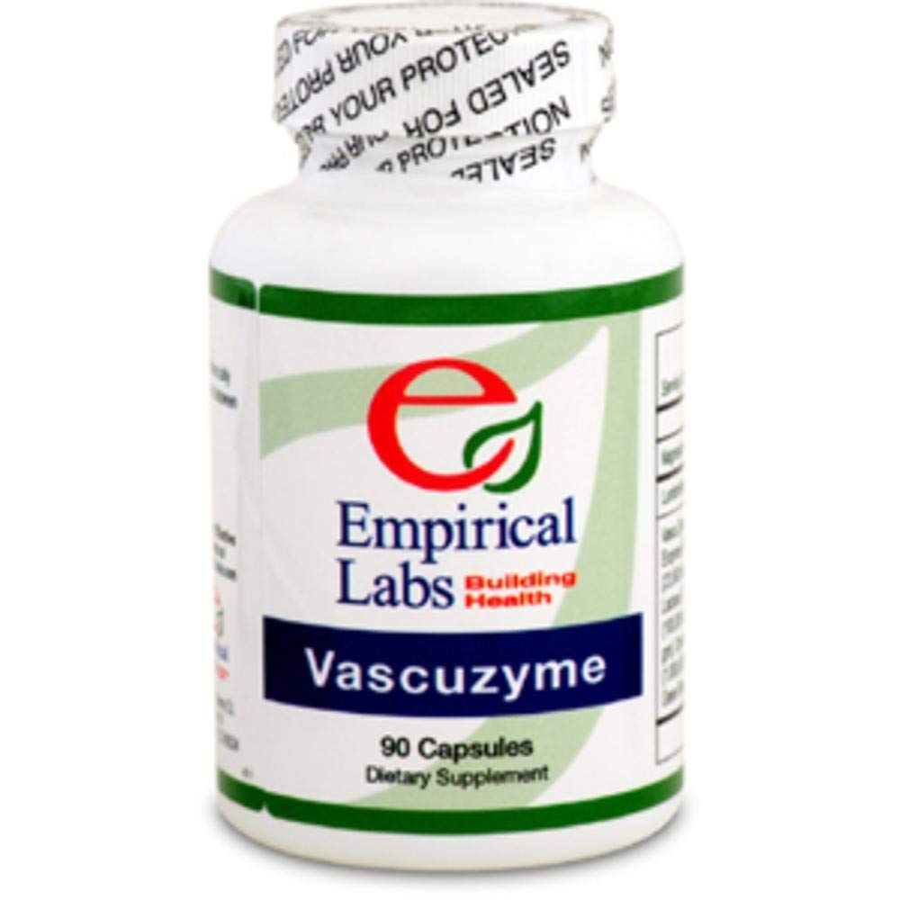 Empirical Labs frasco frontal de Vascuzyme mostrando etiqueta y beneficio de mezcla enzimática