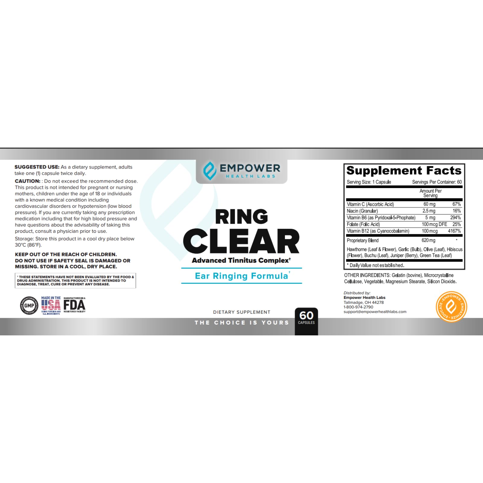 Empower Health Labs Ring Clear etiqueta con lista de ingredientes y manufactura en EE. UU.