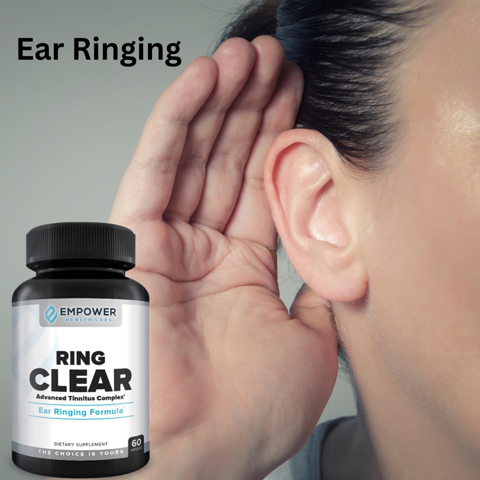Empower Health Labs Ring Clear tabletas en primer plano mostrando textura y dosis diaria